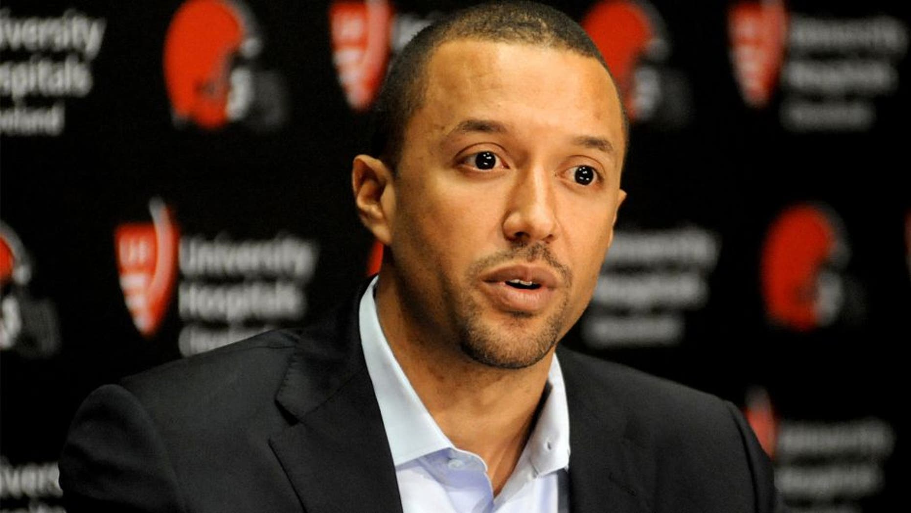 BEREA, OH - JANUARY 21, 2016: Executive vice president of football operations Sashi Brown of the Cleveland Browns answers questions during an introductory press conference on January 21, 2016 at the Cleveland Browns training facility in Berea, Ohio. (Photo by Nick Cammett/Diamond Images/Getty Images)