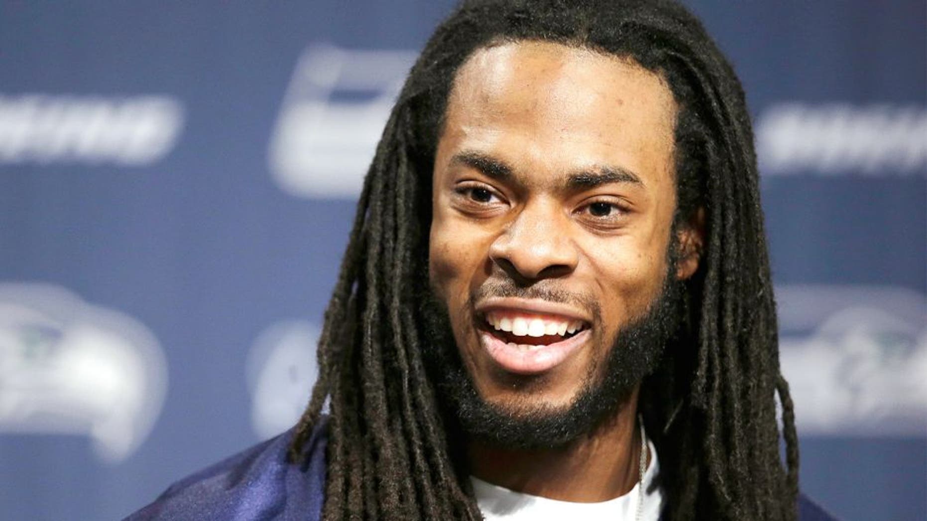 Seattle Seahawks' Richard Sherman speaks at an NFL football news conference Wednesday, Jan. 22, 2014, in Renton, Wash. The Seahawks play the Denver Broncos in the Super Bowl on Feb. 2. (AP Photo/Elaine Thompson)