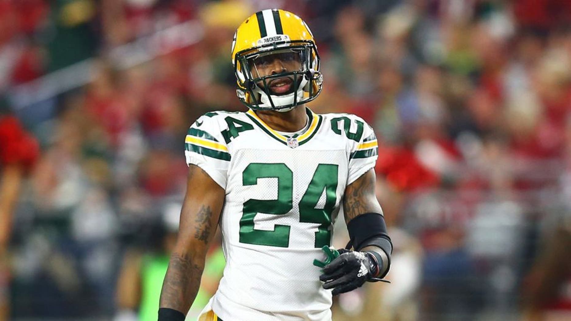 Dec 27, 2015; Glendale, AZ, USA; Green Bay Packers cornerback Quinten Rollins (24) against the Arizona Cardinals at University of Phoenix Stadium. The Cardinals defeated the Packers 38-8. Mandatory Credit: Mark J. Rebilas-USA TODAY Sports
