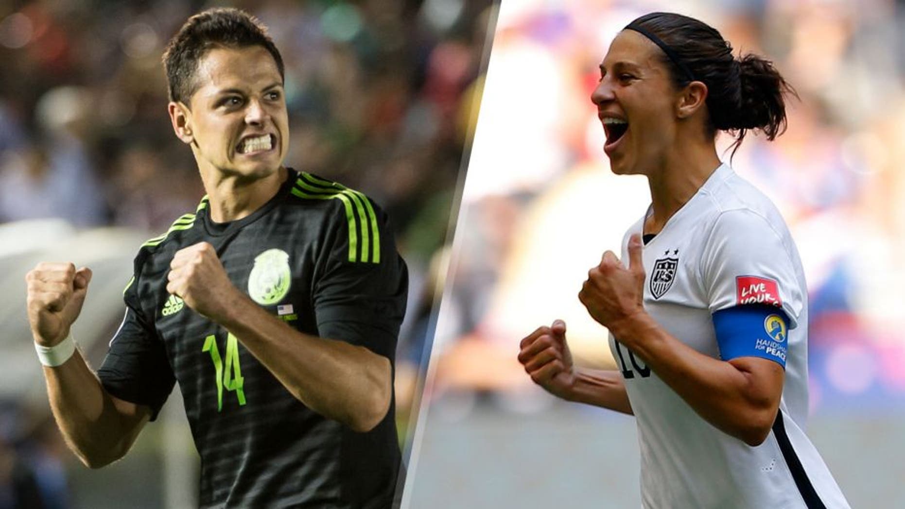 PASADENA, CA - OCTOBER 10: Javier Hernandez #14 of Mexico celebrates the first goal of the match during the CONCACAF Cup between the United States and Mexico at the Rose Bowl on October 10, 2015 in Pasadena, California. (Photo by Shaun Clark/Getty Images) VANCOUVER, BC - JULY 05: Carli Lloyd #10 of the United States celebrates scoring the opening goal against Japan in the FIFA Women's World Cup Canada 2015 Final at BC Place Stadium on July 5, 2015 in Vancouver, Canada. (Photo by Kevin C. Cox/Getty Images)