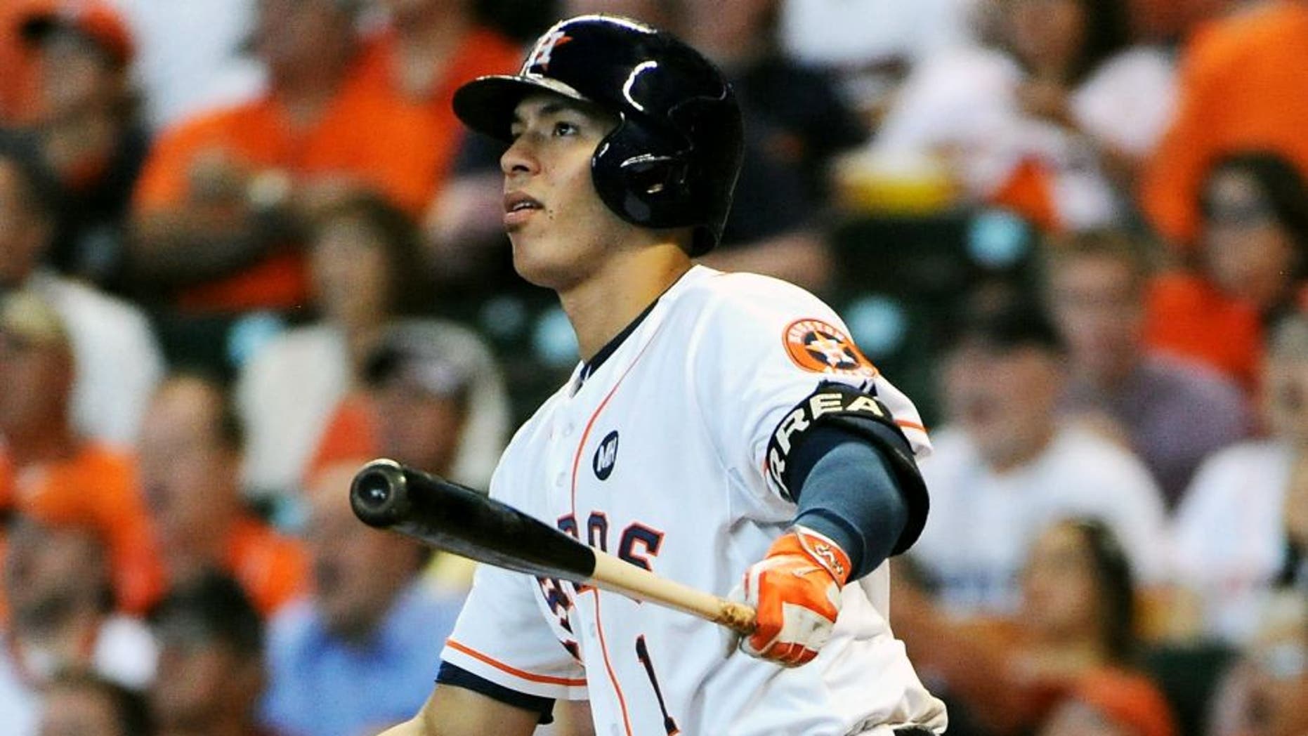 HOUSTON, TX - OCTOBER 12: Carlos Correa #1 of the Houston Astros hits a solo home run to tie the game in the third inning against the Kansas City Royals during game four of the American League Divison Series at Minute Maid Park on October 12, 2015 in Houston, Texas. (Photo by Eric Christian Smith/Getty Images)