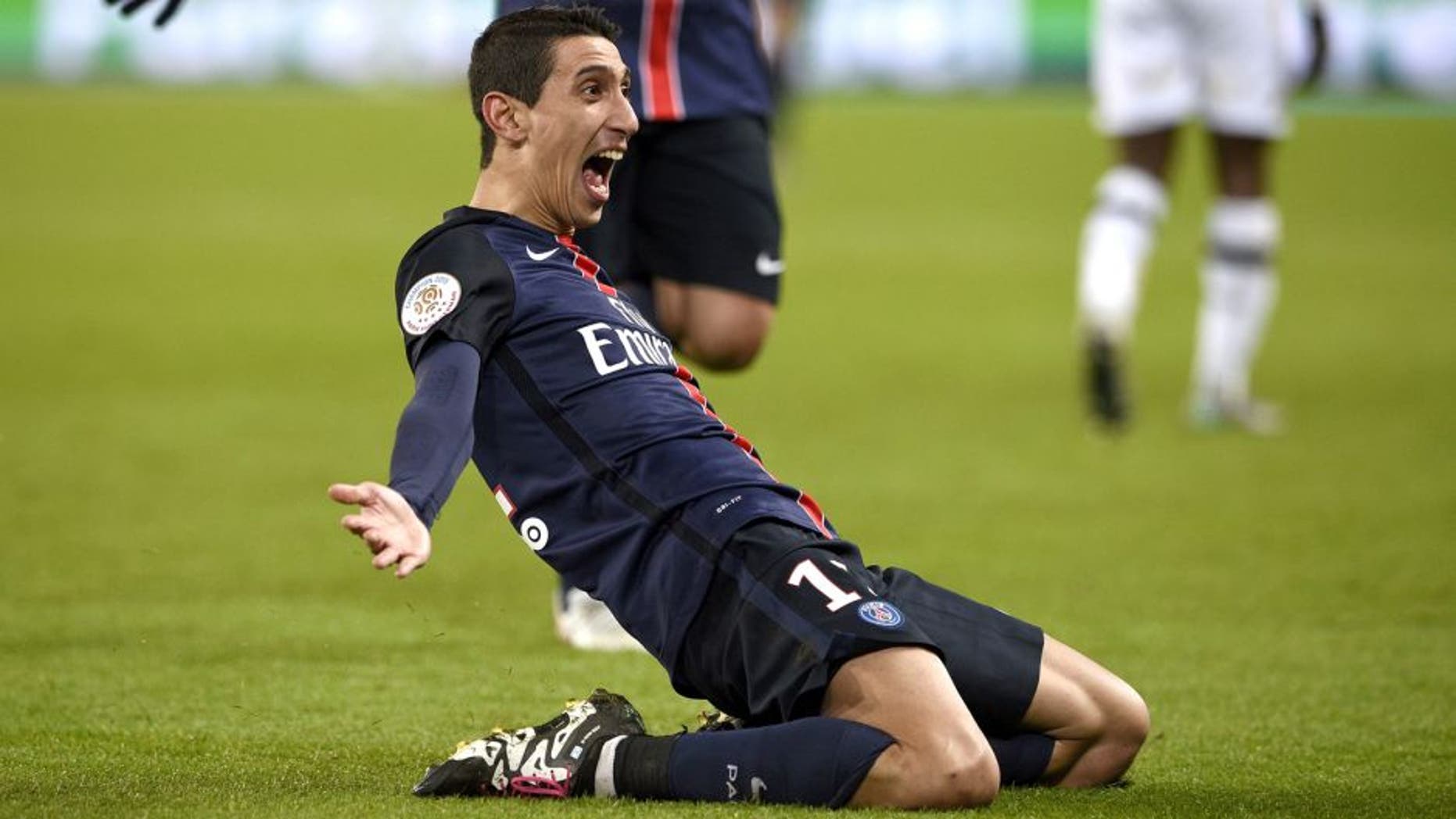 Paris Saint-Germain's Argentinian forward Angel Di Maria celebrates after scoring a goal during the French L1 football match between Paris Saint-Germain (PSG) and Angers on January 23, 2016 at the Parc des Princes stadium in Paris. AFP PHOTO / FRANCK FIFE / AFP / FRANCK FIFE (Photo credit should read FRANCK FIFE/AFP/Getty Images)