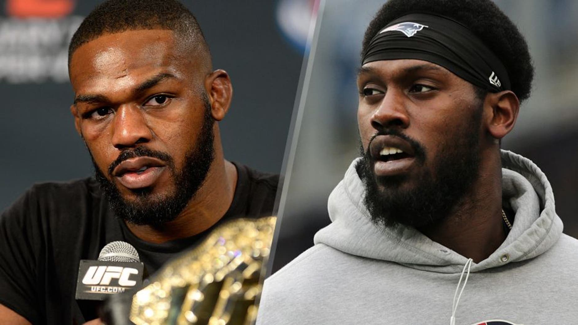 LAS VEGAS, NEVADA - JANUARY 03: UFC light heavyweight champion Jon Jones speaks to the media during the UFC 182 post fight press conference inside the MGM Grand Hotel/Casino on January 3, 2015 in Las Vegas, Nevada. (Photo by Brandon Magnus/Zuffa LLC/Zuffa LLC via Getty Images) FOXBOROUGH, MA - JANUARY 16: Patriots defensive lineman Chandler Jones during pre-game warmups at Gillette Stadium. The New England Patriots hosted the Kansas City Chiefs in an AFC divisional playoff game at Gillette Stadium in Foxborough, Mass., Saturday, Jan. 16, 2016. (Photo by Barry Chin/The Boston Globe via Getty Images)