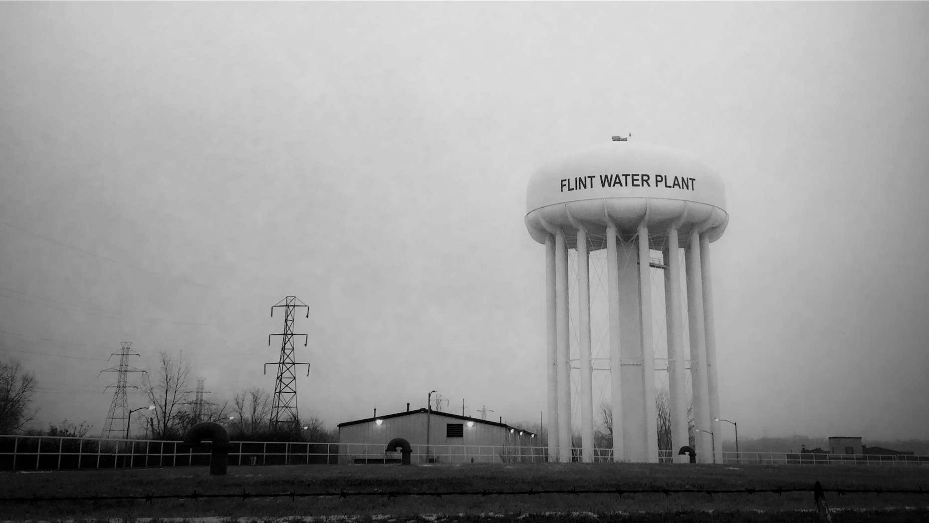 This Jan. 21, 2016 photo shows the water tower at the Flint, Mich., water plant.