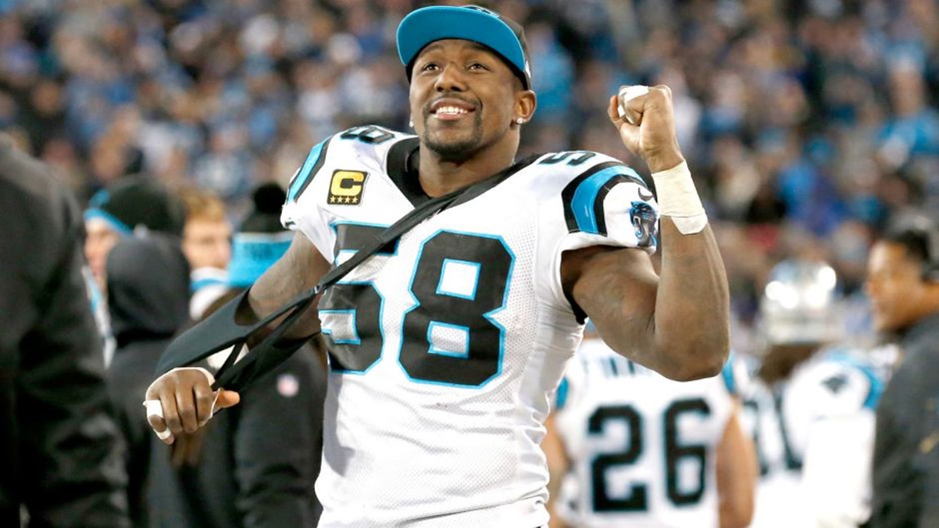 Jan 24, 2016; Charlotte, NC, USA; Carolina Panthers outside linebacker Thomas Davis (58) celebrates during the fourth quarter against the Arizona Cardinals in the NFC Championship football game at Bank of America Stadium. Mandatory Credit: Jason Getz-USA TODAY Sports
