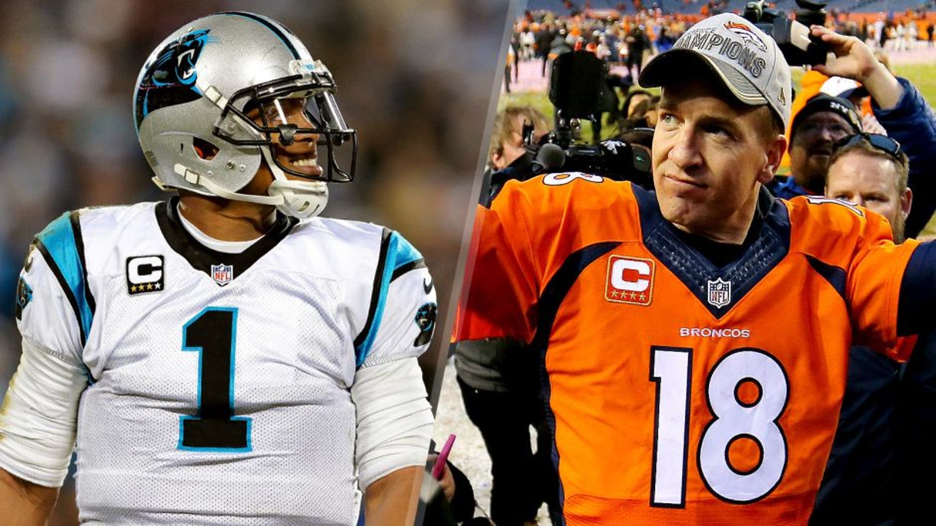 CHARLOTTE, NC - JANUARY 24: Cam Newton #1 of the Carolina Panthers reacts in the third quarter against the Arizona Cardinals during the NFC Championship Game at Bank of America Stadium on January 24, 2016 in Charlotte, North Carolina. (Photo by Grant Halverson/Getty Images) DENVER, CO - JANUARY 24: Peyton Manning #18 of the Denver Broncos celebrates after defeating the New England Patriots in the AFC Championship game at Sports Authority Field at Mile High on January 24, 2016 in Denver, Colorado. The Broncos defeated the Patriots 20-18. (Photo by Justin Edmonds/Getty Images)