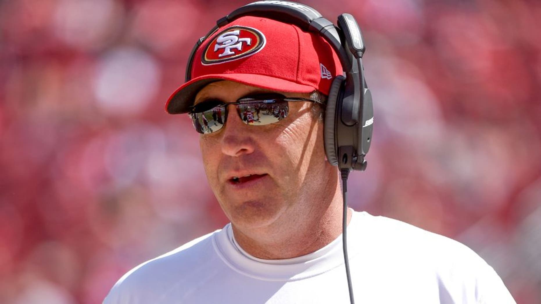 August 24, 2014; Santa Clara, CA, USA; San Francisco 49ers quarterback coach Geep Chryst during the third quarter against the San Diego Chargers at Levi's Stadium. The 49ers defeated the Chargers 21-7. Mandatory Credit: Kyle Terada-USA TODAY Sports