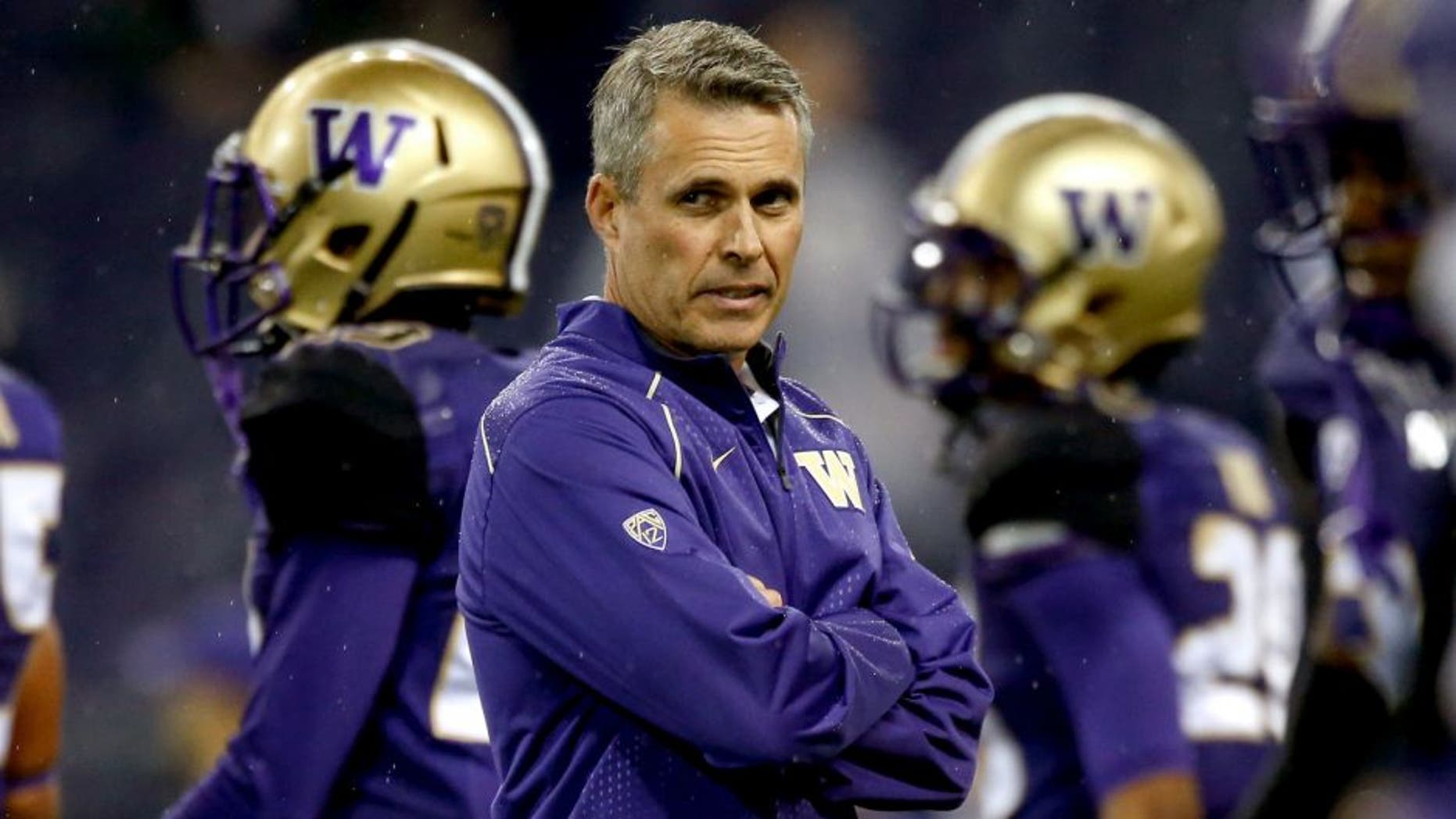 SEATTLE, WA - OCTOBER 17: Head coach Chris Petersen of the Washington Huskies looks on prior to the game against the Oregon Ducks on October 17, 2015 at Husky Stadium in Seattle, Washington. (Photo by Otto Greule Jr/Getty Images)
