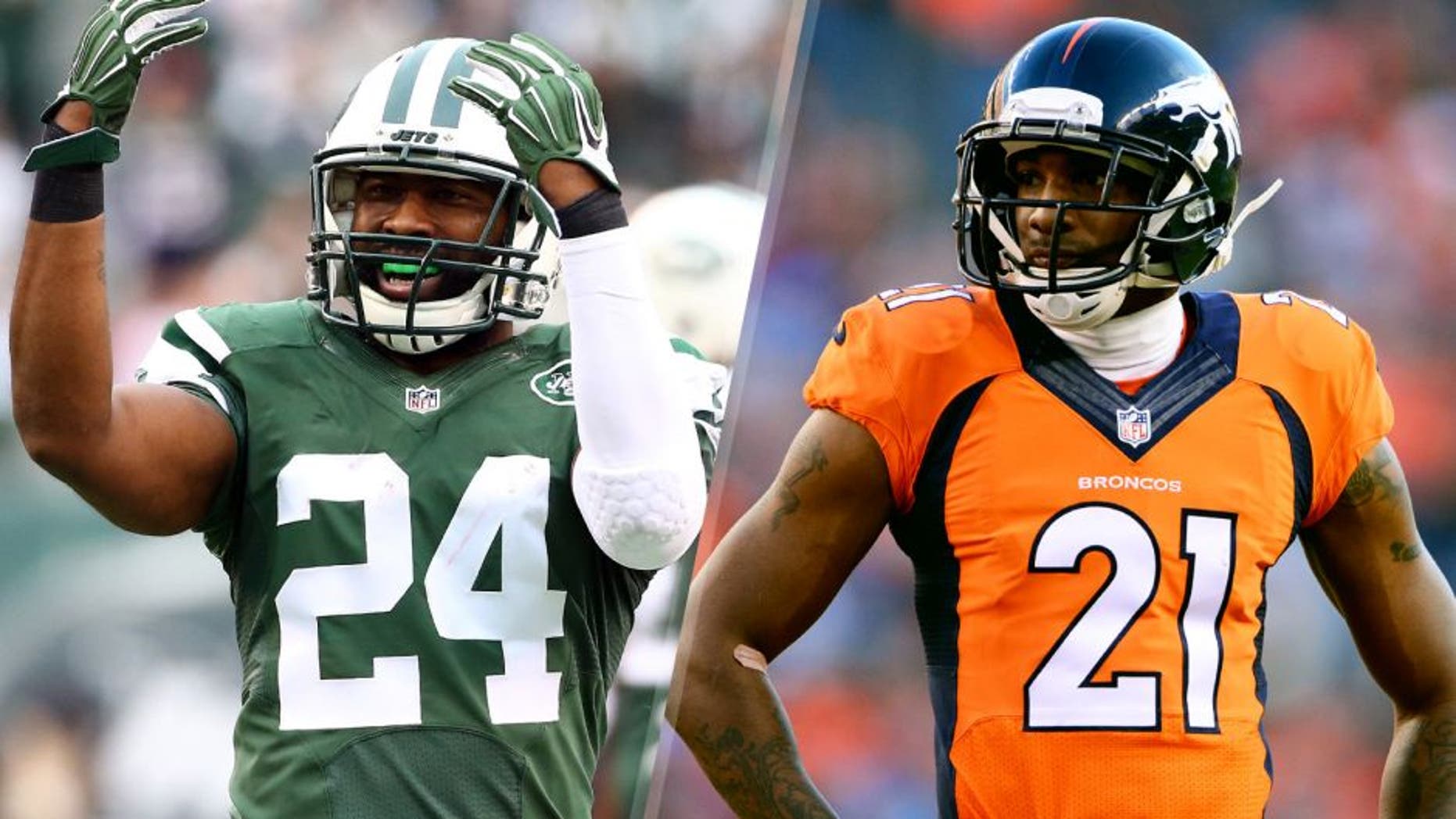 EAST RUTHERFORD, NJ - DECEMBER 27: Darrelle Revis #24 of the New York Jets reacts in the third quarter against the New England Patriots during their game at MetLife Stadium on December 27, 2015 in East Rutherford, New Jersey. (Photo by Al Bello/Getty Images) DENVER, CO - JANUARY 03: Aqib Talib (21) of the Denver Broncos waits for a play in the second quarter. The Denver Broncos played the San Diego Chargers at Sports Authority Field at Mile High in Denver, CO on January 3, 2016. (Photo by Joe Amon/The Denver Post via Getty Images)