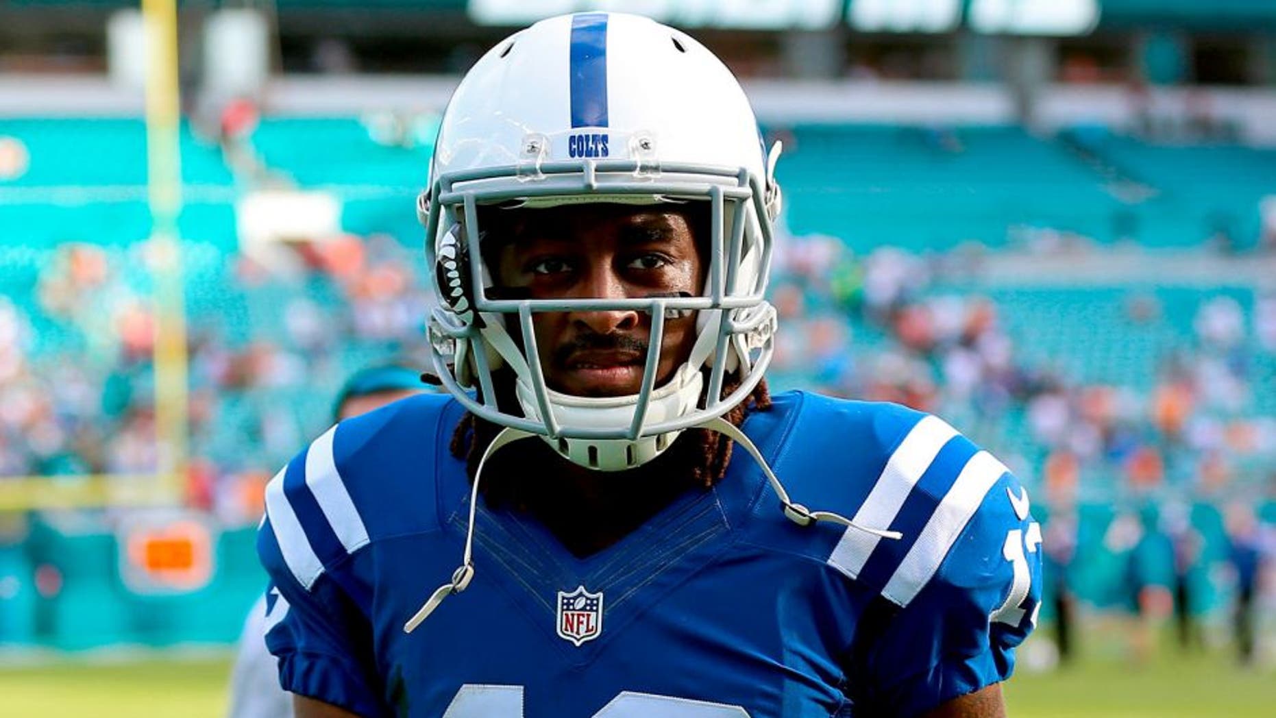 Dec 27, 2015; Miami Gardens, FL, USA; Indianapolis Colts wide receiver T.Y. Hilton (13) celebrates after a game against the Miami Dolphins at Sun Life Stadium. The Colts won 18-12. Mandatory Credit: Steve Mitchell-USA TODAY Sports