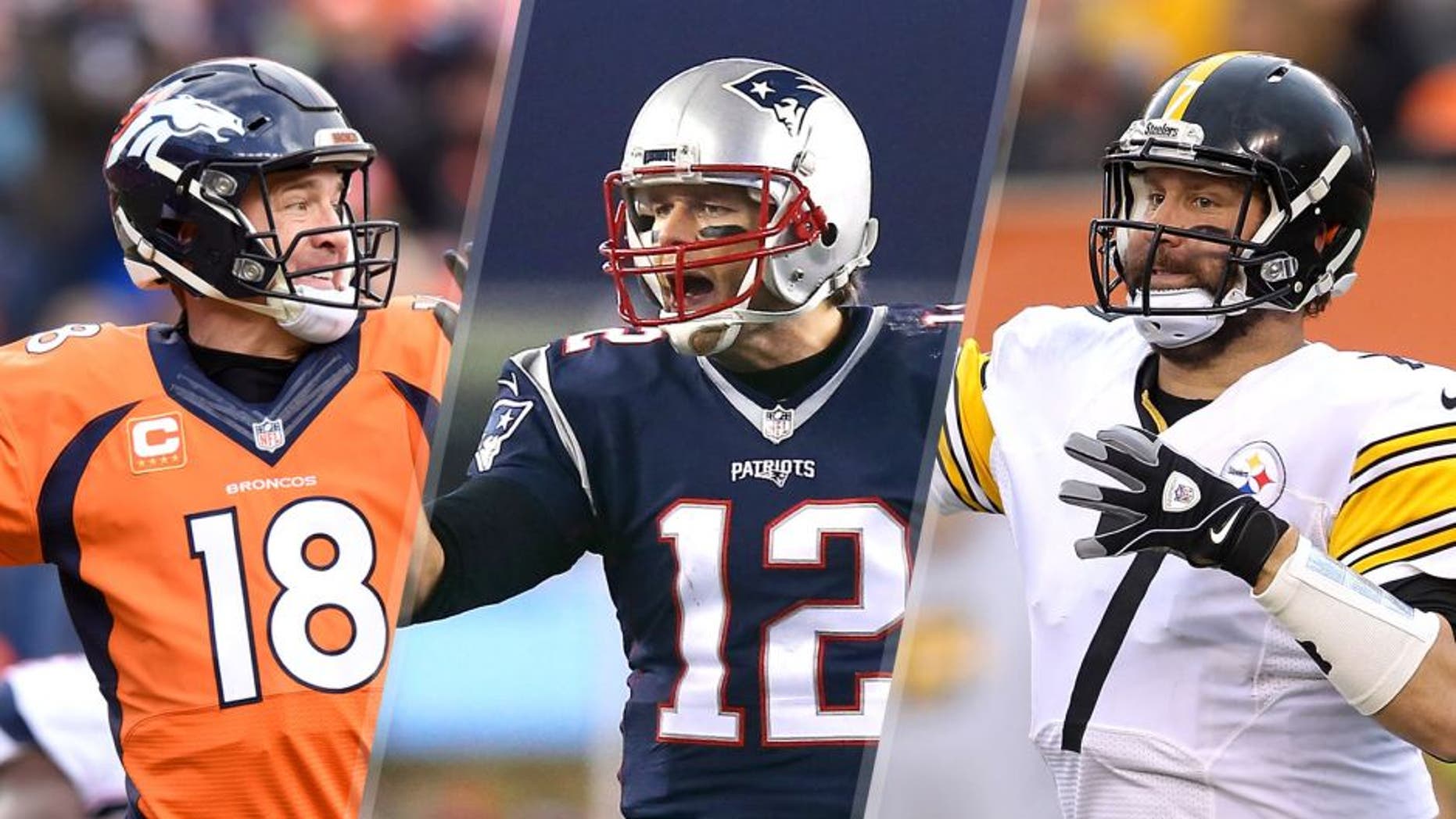Broncos quarterback Peyton Manning throws during the fourth quarter of the AFC Championship game on Sunday, Jan. 24, 2016, at Sports Authority Field at Mile High in Denver. (Mark Reis/Colorado Springs Gazette/TNS via Getty Images), FOXBORO, MA - JANUARY 16: Tom Brady #12 of the New England Patriots gestures after a play in the fourth quarter against the Kansas City Chiefs during the AFC Divisional Playoff Game at Gillette Stadium on January 16, 2016 in Foxboro, Massachusetts. (Photo by Maddie Meyer/Getty Images), CINCINNATI, OH - DECEMBER 13: Ben Roethlisberger #7 of the Pittsburgh Steelers throws a pass during the third quarter of the game against the Cincinnati Bengals at Paul Brown Stadium on December 13, 2015 in Cincinnati, Ohio. (Photo by John Grieshop/Getty Images)
