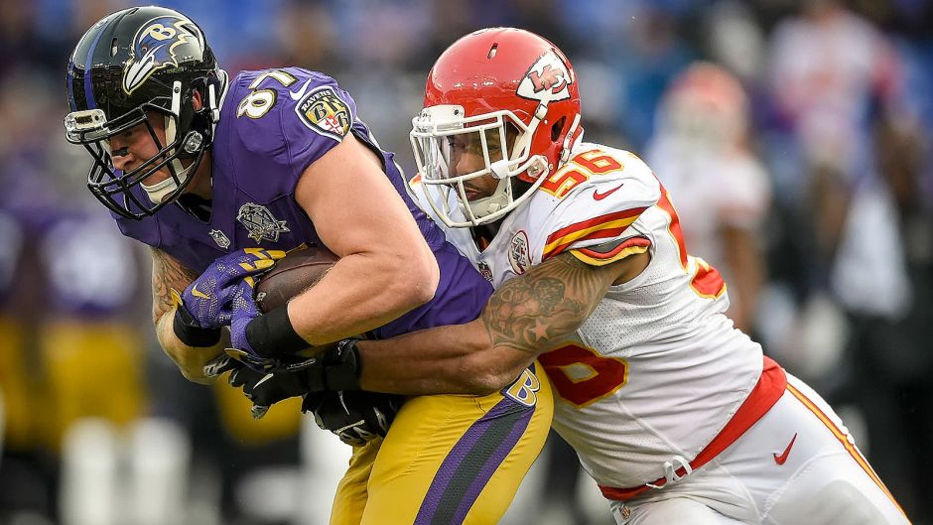 Kansas City Chiefs inside linebacker Derrick Johnson (56) tackles Baltimore Ravens tight end Maxx Williams (87) in the fourth quarter on Sunday, Dec. 20, 2015, at M&T Bank Stadium in Baltimore, Md. The Chiefs won, 34-14. (David Eulitt/Kansas City Star/TNS via Getty Images)