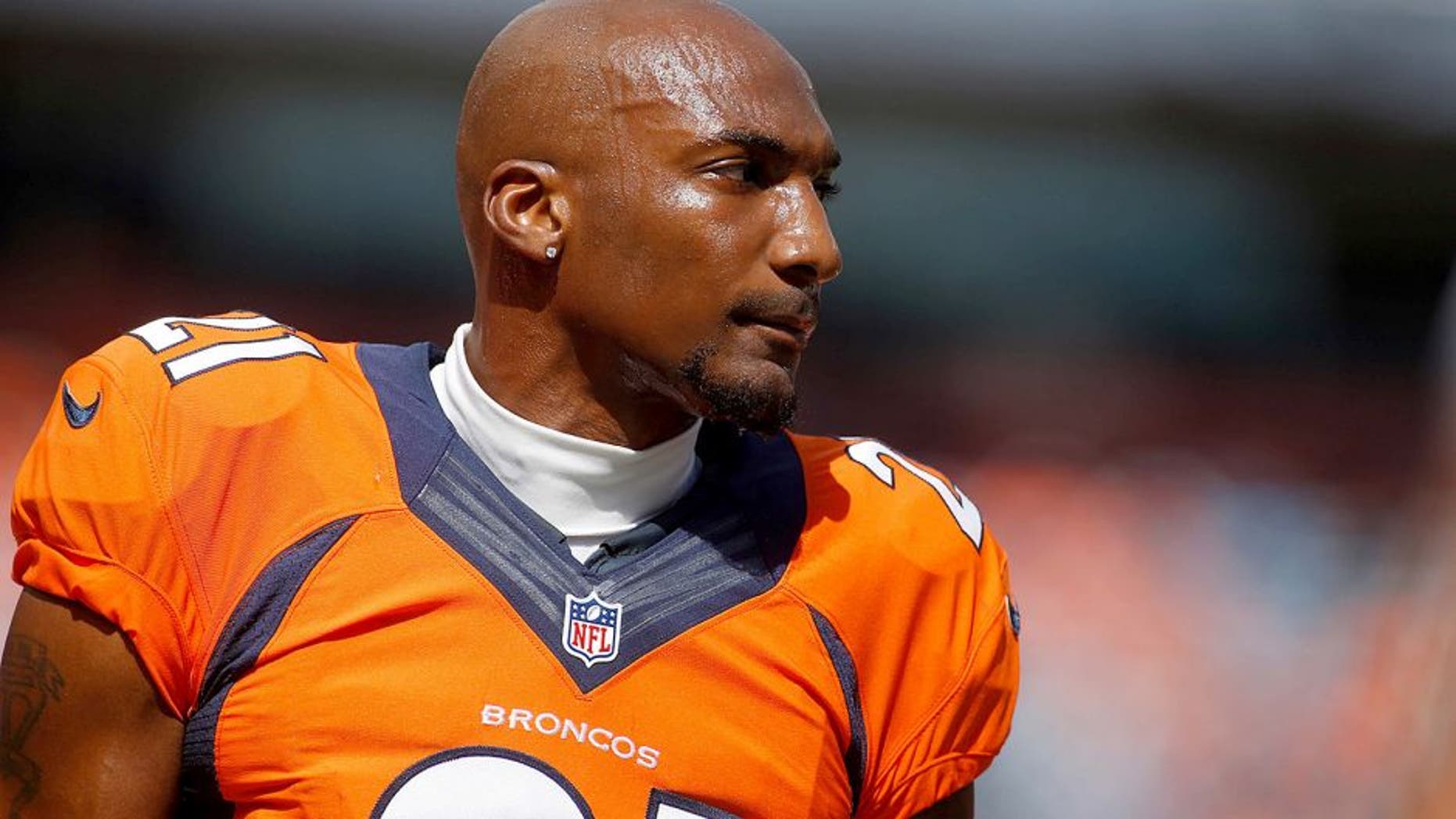 Sep 14, 2014; Denver, CO, USA; Denver Broncos cornerback Aqib Talib (21) before the game against the Kansas City Chiefs at Sports Authority Field at Mile High. Mandatory Credit: Chris Humphreys-USA TODAY Sports