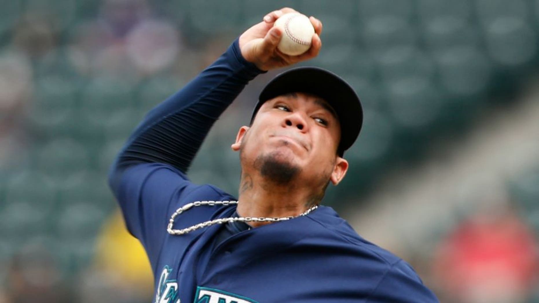 Sep 5, 2016; Seattle, WA, USA; Seattle Mariners starting pitcher Felix Hernandez (34) throws against the Texas Rangers during the third inning at Safeco Field. Mandatory Credit: Joe Nicholson-USA TODAY Sports