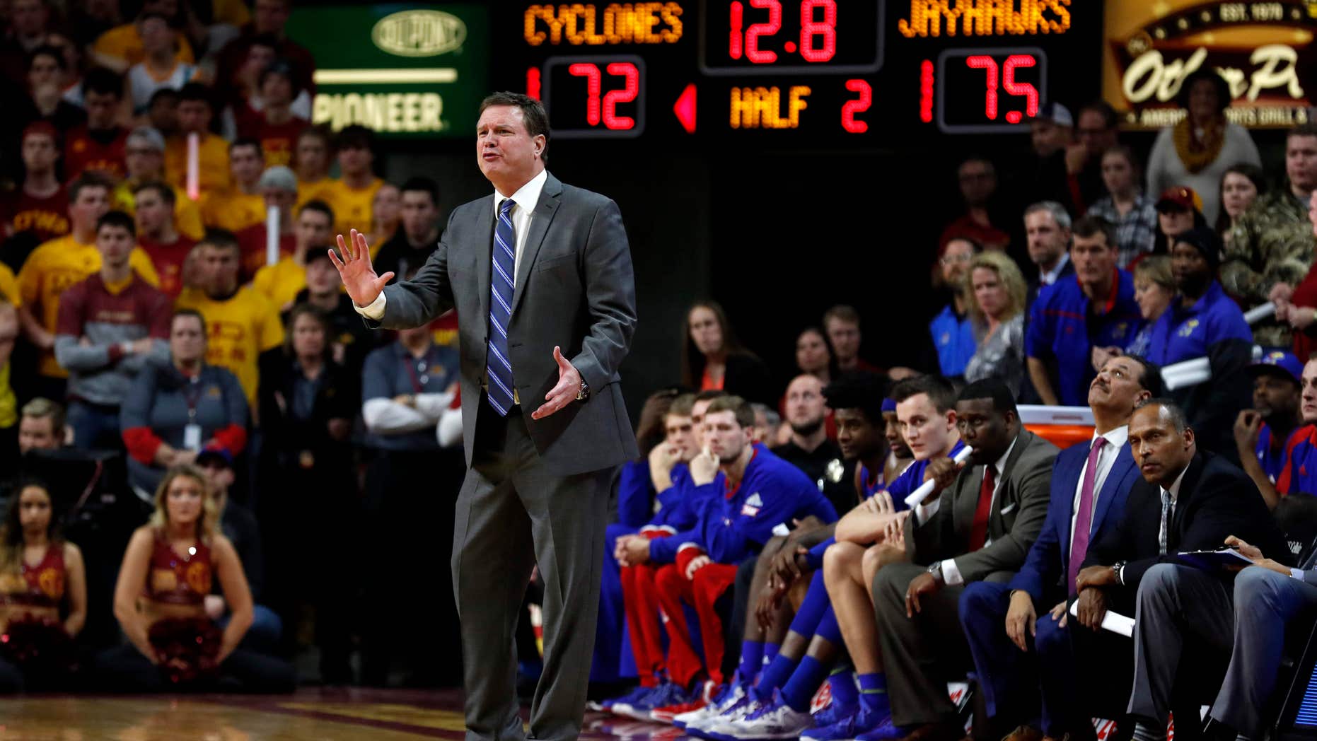 Kansas head coach Bill Self reacts during the second half of an NCAA college basketball game against Iowa State, Monday, Jan. 16, 2017, in Ames, Iowa.
