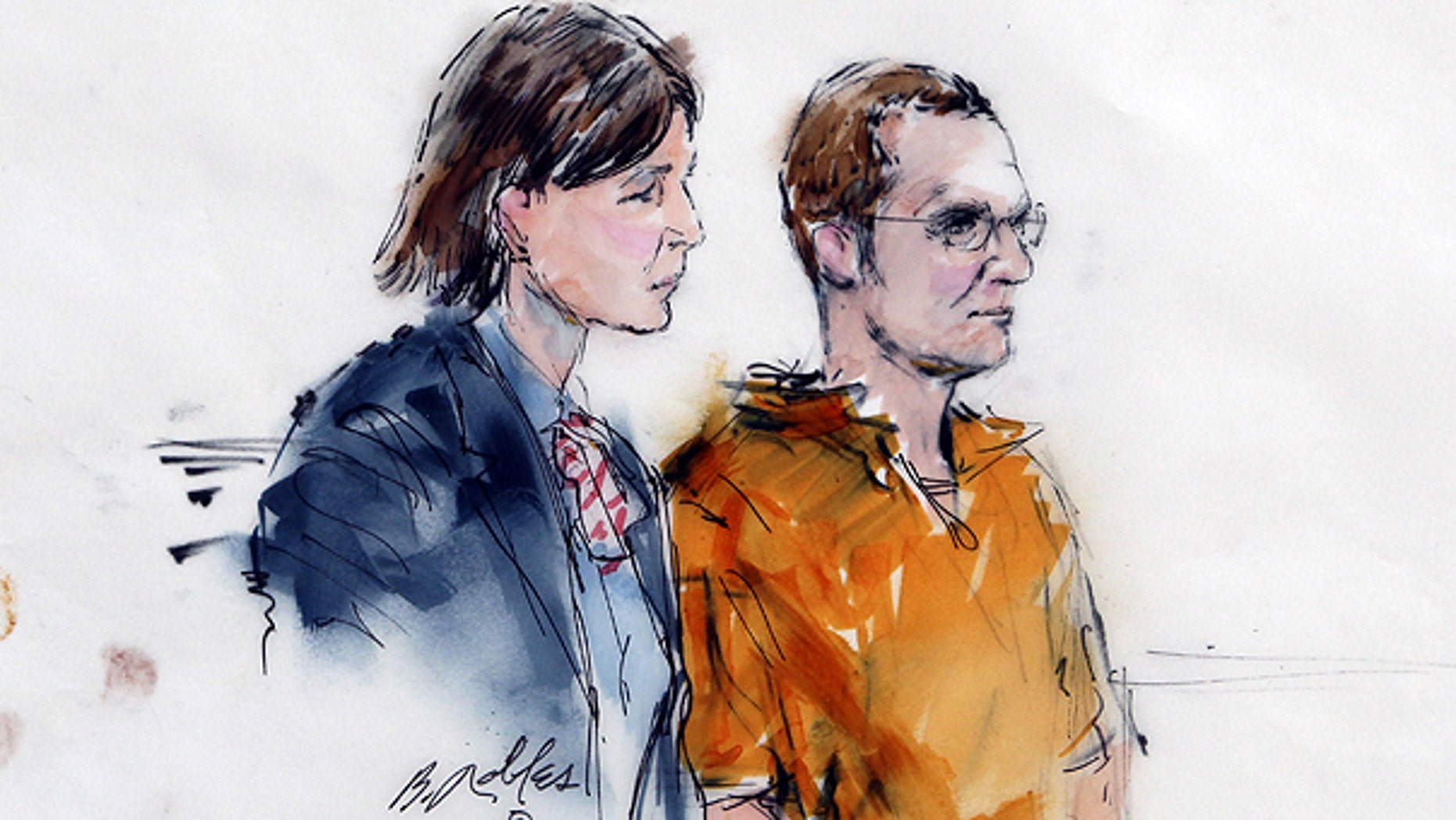 Jan. 24: In this artist rendering, Jared Lee Loughner, right, makes a court appearance with his lawyer, Judy Clarke, at the Sandra Day O'Connor United States Courthouse in Phoenix, Ariz.