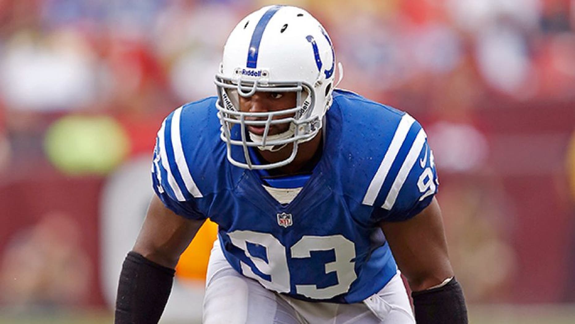 LANDOVER, MD - AUGUST 25: Dwight Freeney #93 of the Indianapolis Colts lines up against the Washington Redskins during a preseason NFL game at FedEx Field on August 25, 2012 in Landover, Maryland. The Redskins beat the Colts 30-17. (Photo by Joe Robbins/Getty Images)