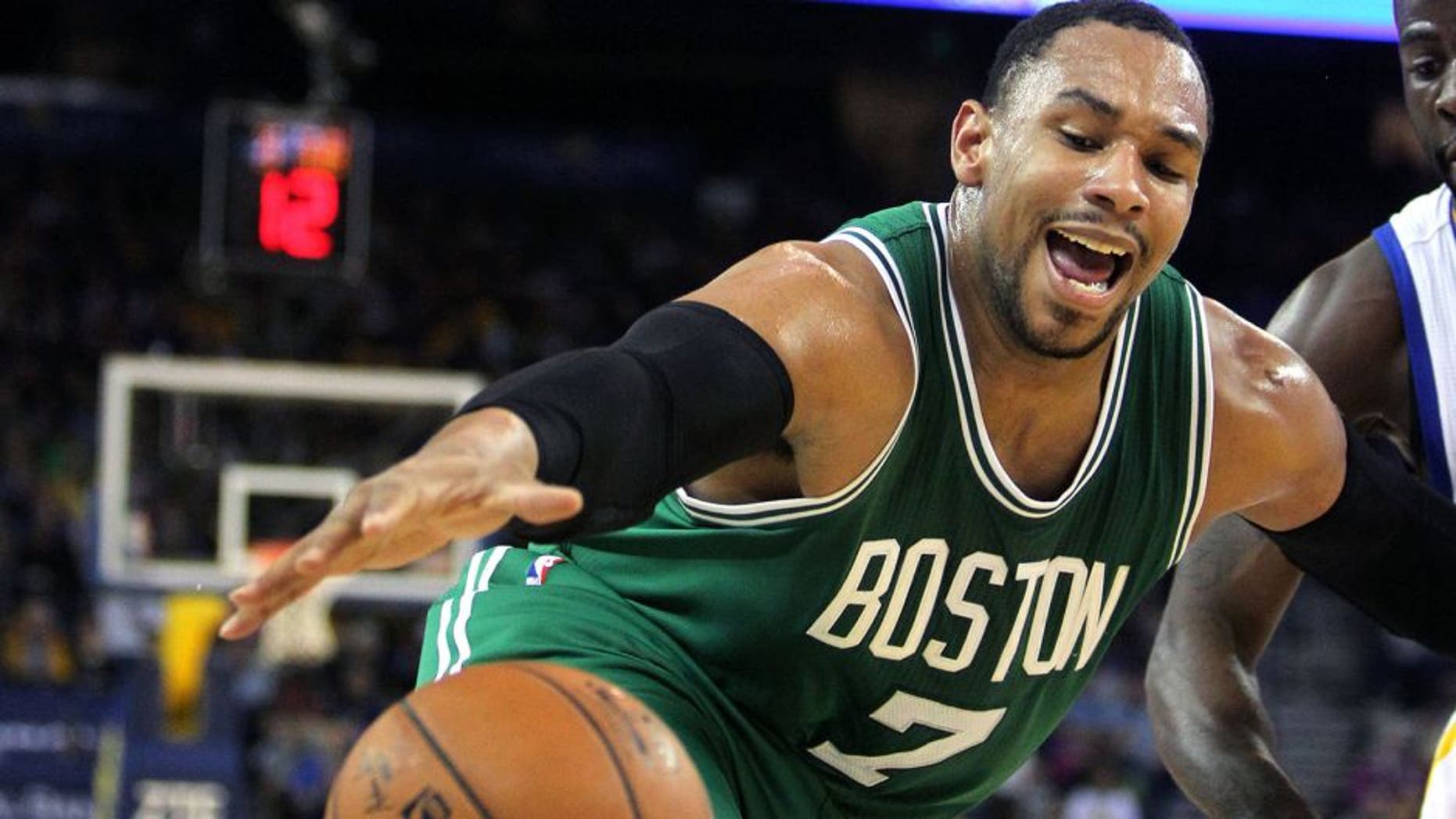 Jan 25, 2015; Oakland, CA, USA; Boston Celtics forward Jared Sullinger (7) looses control of the ball during the second half of their NBA game with the Golden State Warriors at Oracle Arena. Mandatory Credit: Lance Iversen-USA TODAY Sports