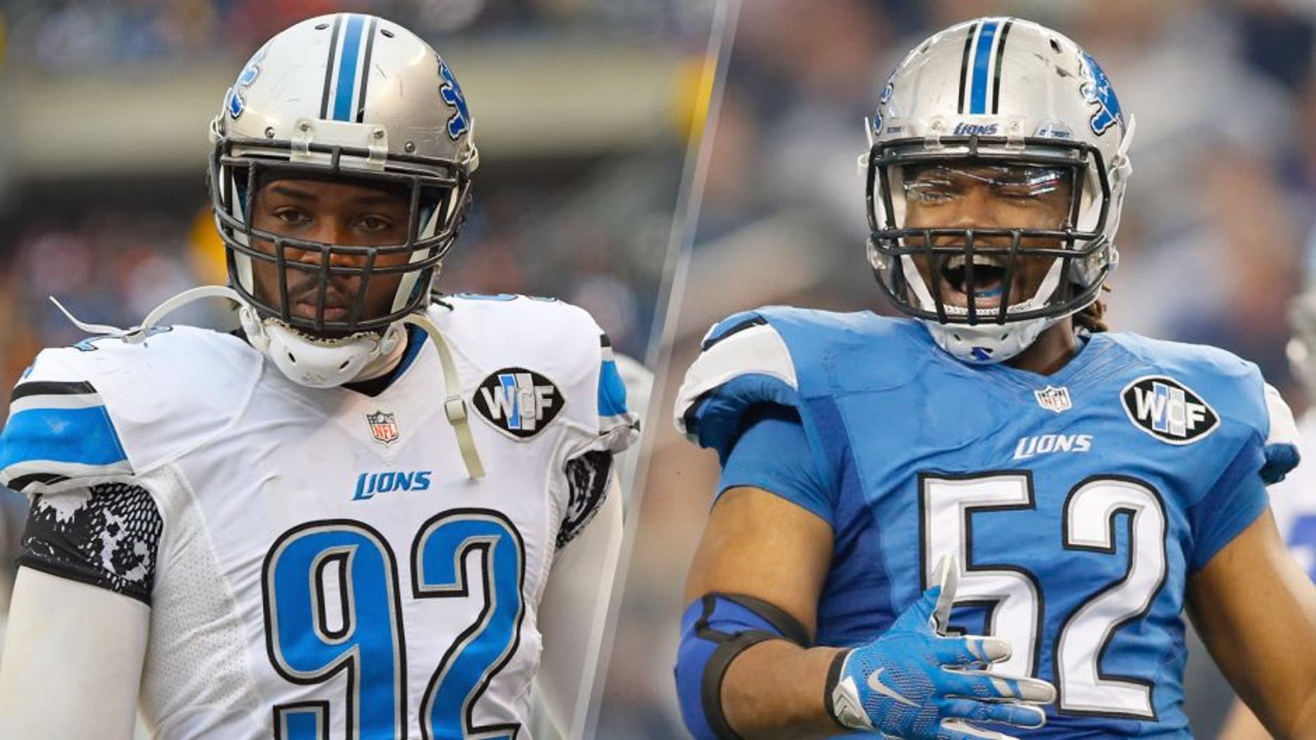 Dec 21; 2014; Chicago; IL; USA; Detroit Lions defensive end Devin Taylor (92) during the second half at Soldier Field. Mandatory Credit: Mike DiNovo-USA TODAY Sports; Jan 4, 2015; Arlington, TX, USA; Detroit Lions defensive end Darryl Tapp (52) celebrates sacking Dallas Cowboys quarterback Tony Romo (9) in the NFC Wild Card Playoff Game at AT&T Stadium. Dallas beat Detroit 24-20. Mandatory Credit: Tim Heitman-USA TODAY Sports