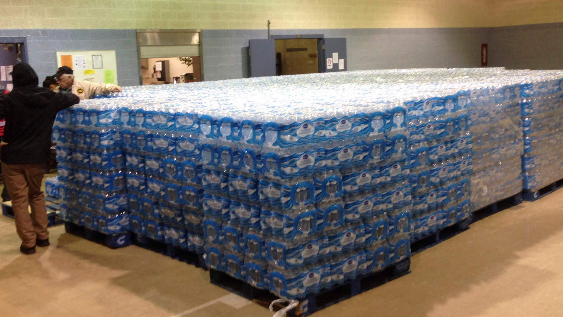 Jan. 26, 2016: Pallets of water, ready for distribution in the community, sit at the Sebring Community Center.