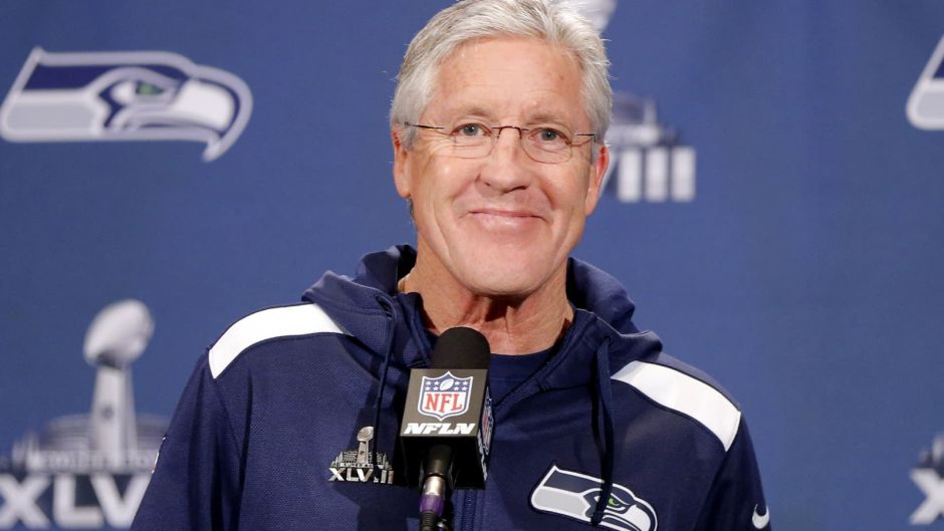 Jan 27, 2014; Jersey City, NJ, USA; Seattle Seahawks head coach Pete Carroll addresses the media during a press conference for Super Bowl XLVIII at The Westin. Mandatory Credit: Jim O'Connor-USA TODAY Sports