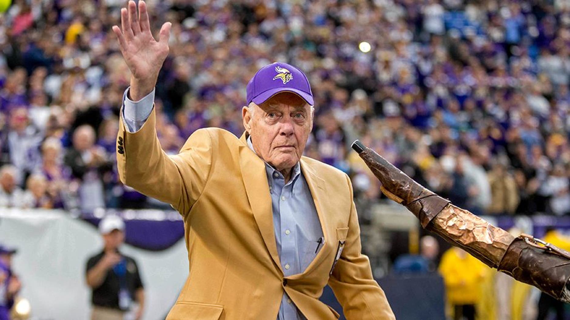 Dec 29, 2013; Minneapolis, MN, USA; Minnesota Vikings former head coach Bud Grant acknowledges the crowd during a ceremony before the game with the Detroit Lions at Mall of America Field at H.H.H. Metrodome. The Vikings win 14-13. Mandatory Credit: Bruce Kluckhohn-USA TODAY Sports