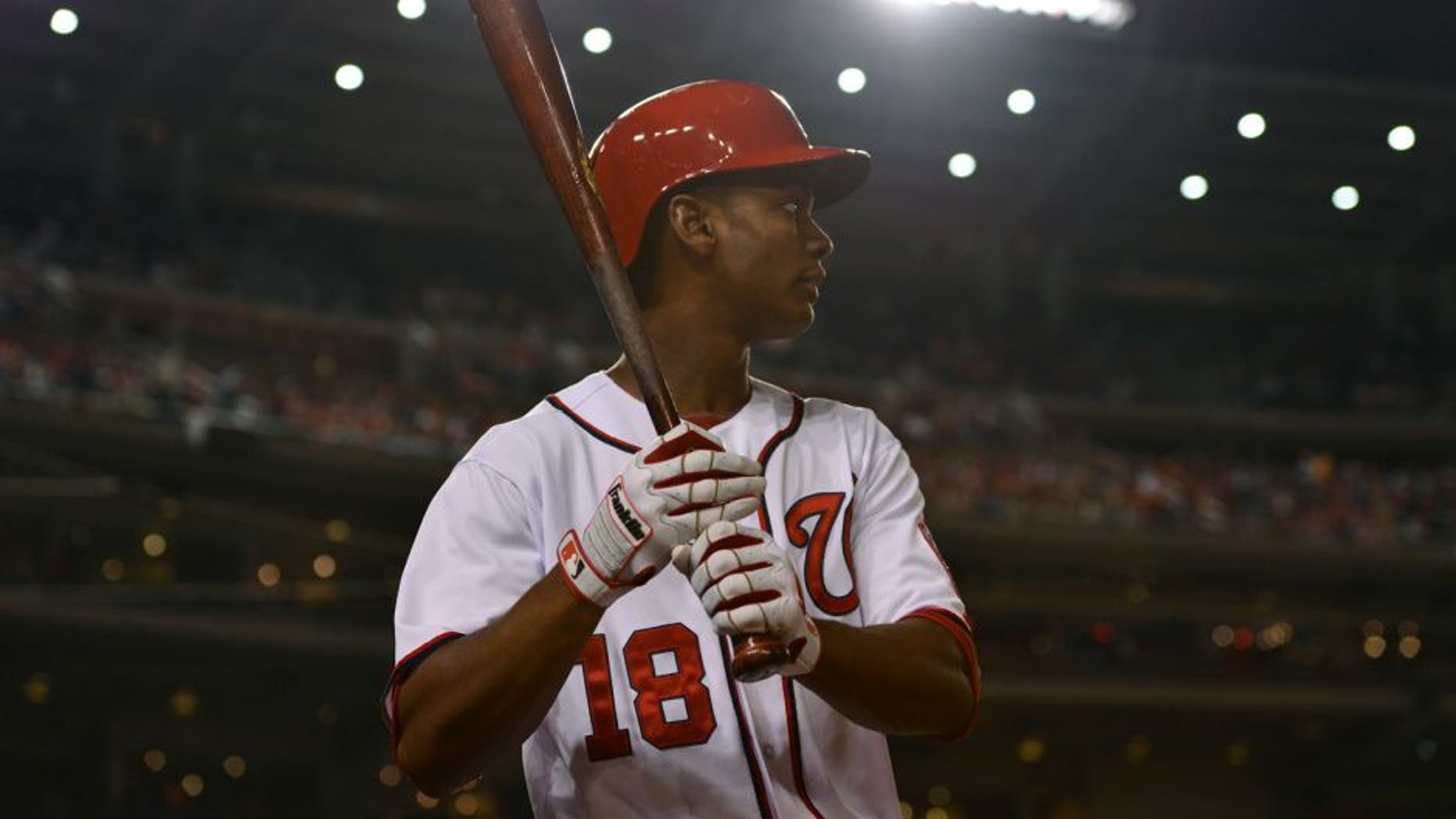 Sep 26, 2014; Washington, DC, USA; Washington Nationals right fielder Michael Taylor (18) stands in the on deck circle during the fourth inning against the Miami Marlins in game two of a baseball doubleheader at Nationals Park. Mandatory Credit: Tommy Gilligan-USA TODAY Sports
