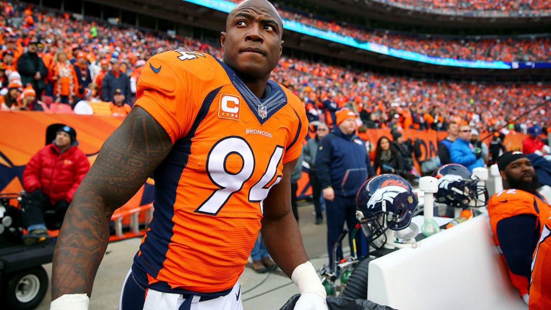 Jan 24, 2016; Denver, CO, USA; Denver Broncos defensive end DeMarcus Ware (94) against the New England Patriots in the AFC Championship football game at Sports Authority Field at Mile High. The Broncos defeated the Patriots 20-18 to advance to the Super Bowl. Mandatory Credit: Mark J. Rebilas-USA TODAY Sports