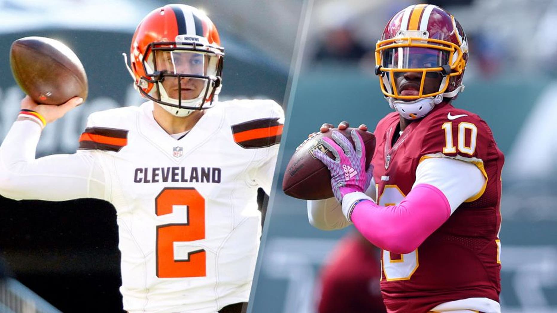Nov 15, 2015; Pittsburgh, PA, USA; Cleveland Browns quarterback Johnny Manziel (2) passes the ball against the Pittsburgh Steelers during the first quarter at Heinz Field. Mandatory Credit: Charles LeClaire-USA TODAY Sports Oct 18, 2015; East Rutherford, NJ, USA; Washington Redskins quarterback Robert Griffin (10) warms up prior to the game against the New York Jets at MetLife Stadium. Mandatory Credit: Brad Penner-USA TODAY Sports