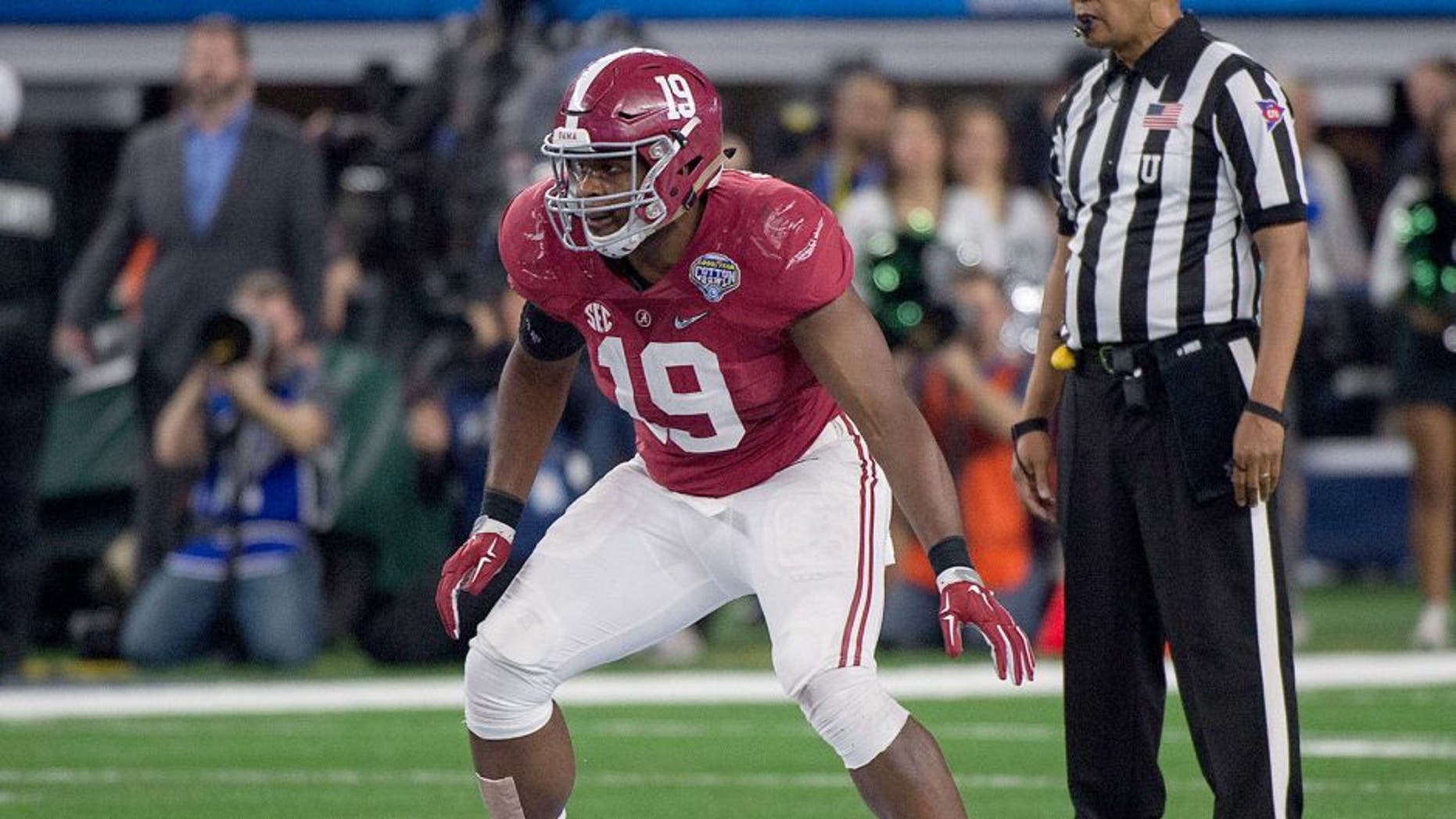 Dec 31, 2015; Arlington, TX, USA; Alabama Crimson Tide linebacker Reggie Ragland (19) during the game against the Michigan State Spartans in the 2015 Cotton Bowl at AT&T Stadium. Mandatory Credit: Jerome Miron-USA TODAY Sports