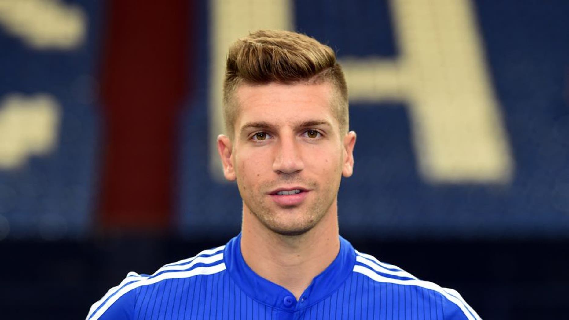 Schalke's defender Matija Nastasic poses during the team presentation of Schalke 04 on July 17, 2015 in Gelsenkirchen, western Germany. AFP PHOTO / PATRIK STOLLARZ (Photo credit should read PATRIK STOLLARZ/AFP/Getty Images)