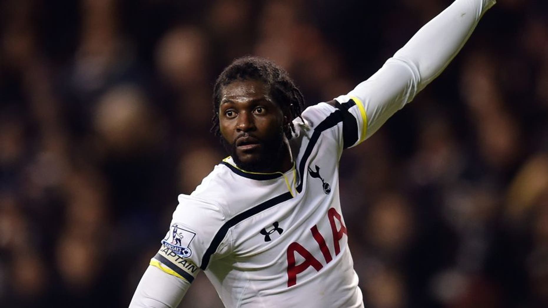 LONDON, ENGLAND - JANUARY 21: Emmanuel Adebayour of Spurs reacts during the Capital One Cup Semi-Final first leg match between Tottenham Hotspur and Sheffield United at White Hart Lane on January 21, 2015 in London, England. (Photo by Jamie McDonald/Getty Images)
