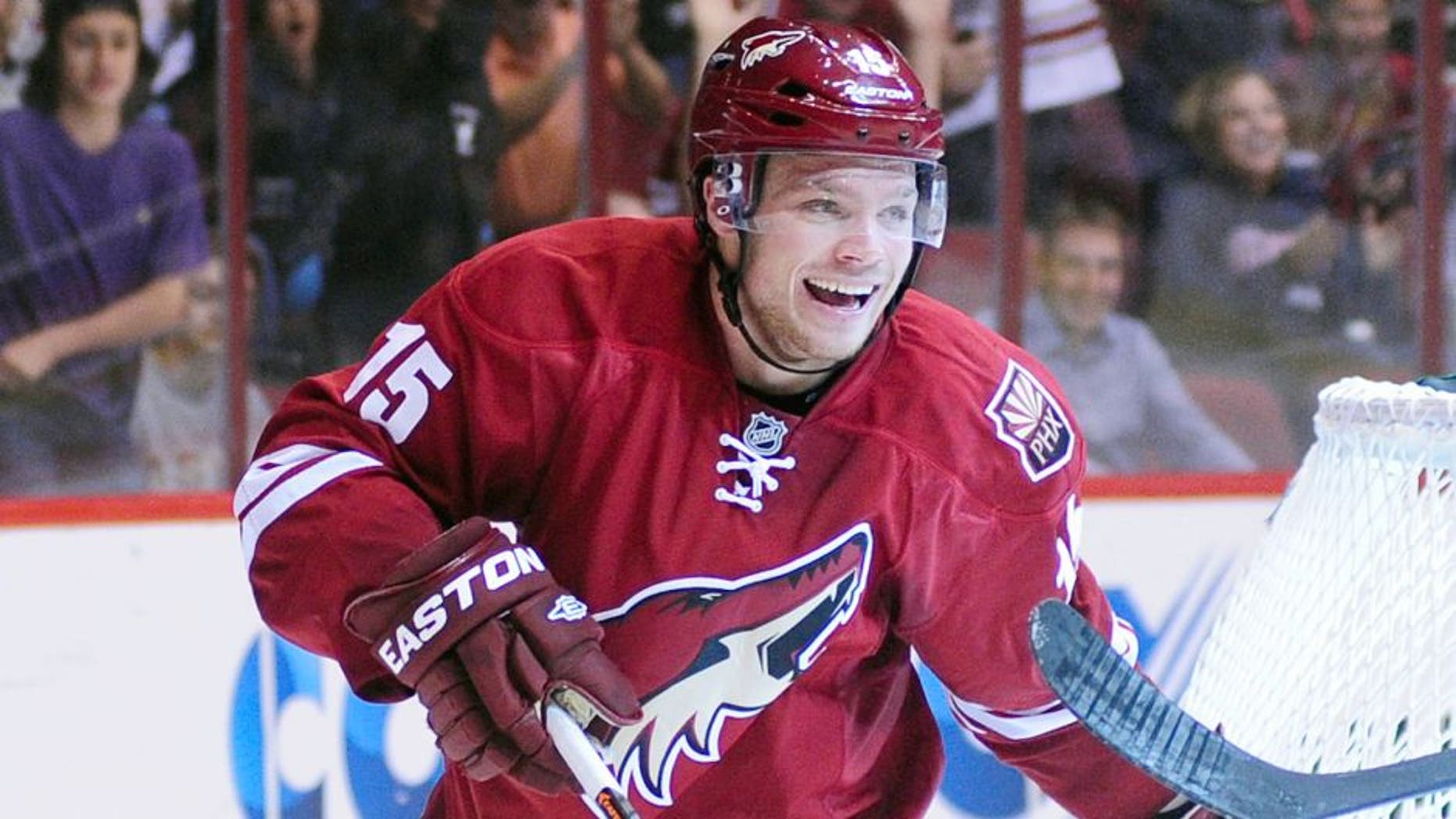 Sep 27, 2013; Glendale, AZ, USA; Phoenix Coyotes center Max Domi (15) celebrates after a goal by right wing Radim Vrbata (17) during the second period against the San Jose Sharks at Jobing.com Arena. Mandatory Credit: Matt Kartozian-USA TODAY Sports