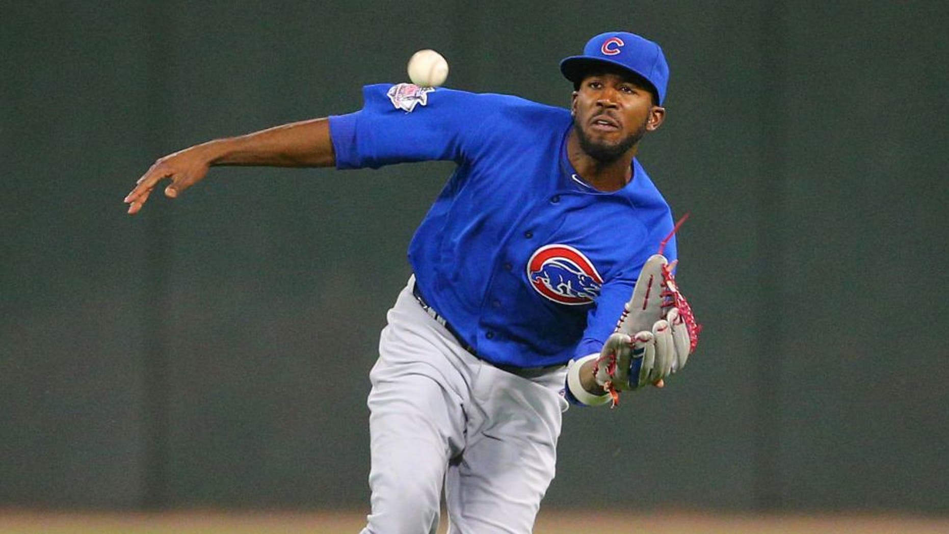 Aug 15, 2015; Chicago, IL, USA; Chicago Cubs center fielder Dexter Fowler (24) catches a fly ball off the bat of Chicago White Sox right fielder Avisail Garcia (not pictured) during the eighth inning at U.S Cellular Field. Mandatory Credit: Dennis Wierzbicki-USA TODAY Sports