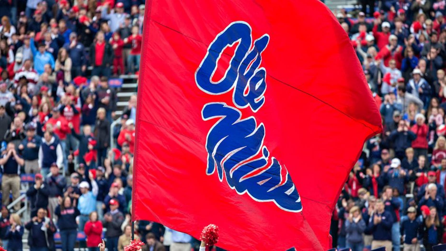 OXFORD, MISSISSIPPI - NOVEMBER 9: Flag of the Ole Miss Rebels before a game against the Arkansas Razorbacks at Vaught-Hemingway Stadium on November 9, 2013 in Oxford, Mississippi. The Rebels defeated the Razorbacks 34-24. (Photo by Wesley Hitt/Getty Images)