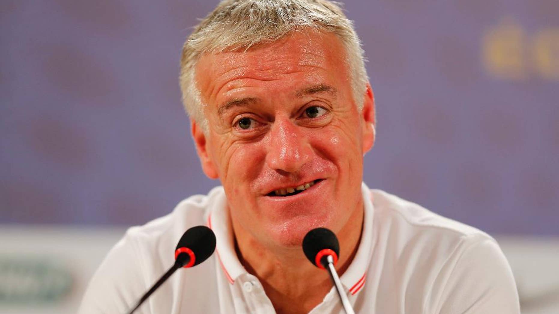 France head coach Didier Deschamps answers journalists' questions during a press conference at the Teatro Pedro II, in Ribeirao Preto, Brazil, Friday, July 1, 2014. France will face Germany in their World Cup quarterfinal, Friday. (AP Photo/David Vincent)
