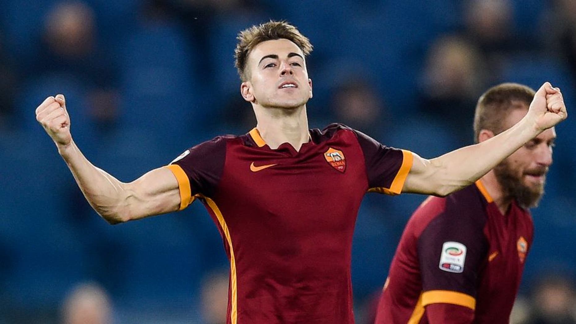 Roma's Italian forward Stephan El Shaarawy celebrates after scoring during the Italian Serie A football match between AS Roma and Frosinone at Rome's Olympic stadium on January 30, 2016. / AFP / ANDREAS SOLARO (Photo credit should read ANDREAS SOLARO/AFP/Getty Images)