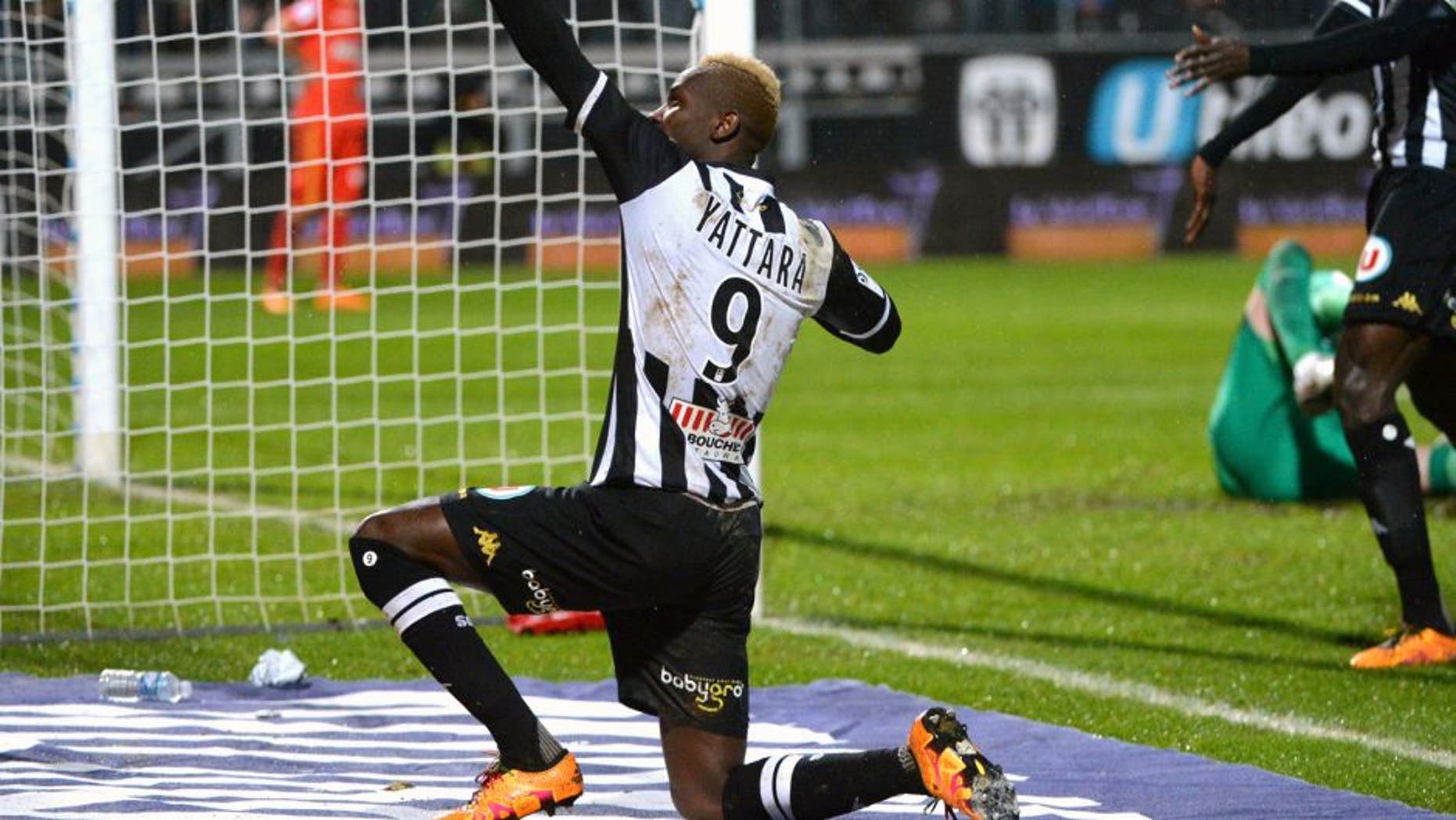 Angers' Guinean forward Mohamed Yattara (L) celebrates after scoring during the French L1 football match between Angers (SCO) and Monaco (ASM) at Jean Bouin Stadium in Angers, northwestern France, on January 30, 2016. AFP PHOTO / JEAN-FRANCOIS MONIER / AFP / JEAN-FRANCOIS MONIER (Photo credit should read JEAN-FRANCOIS MONIER/AFP/Getty Images)
