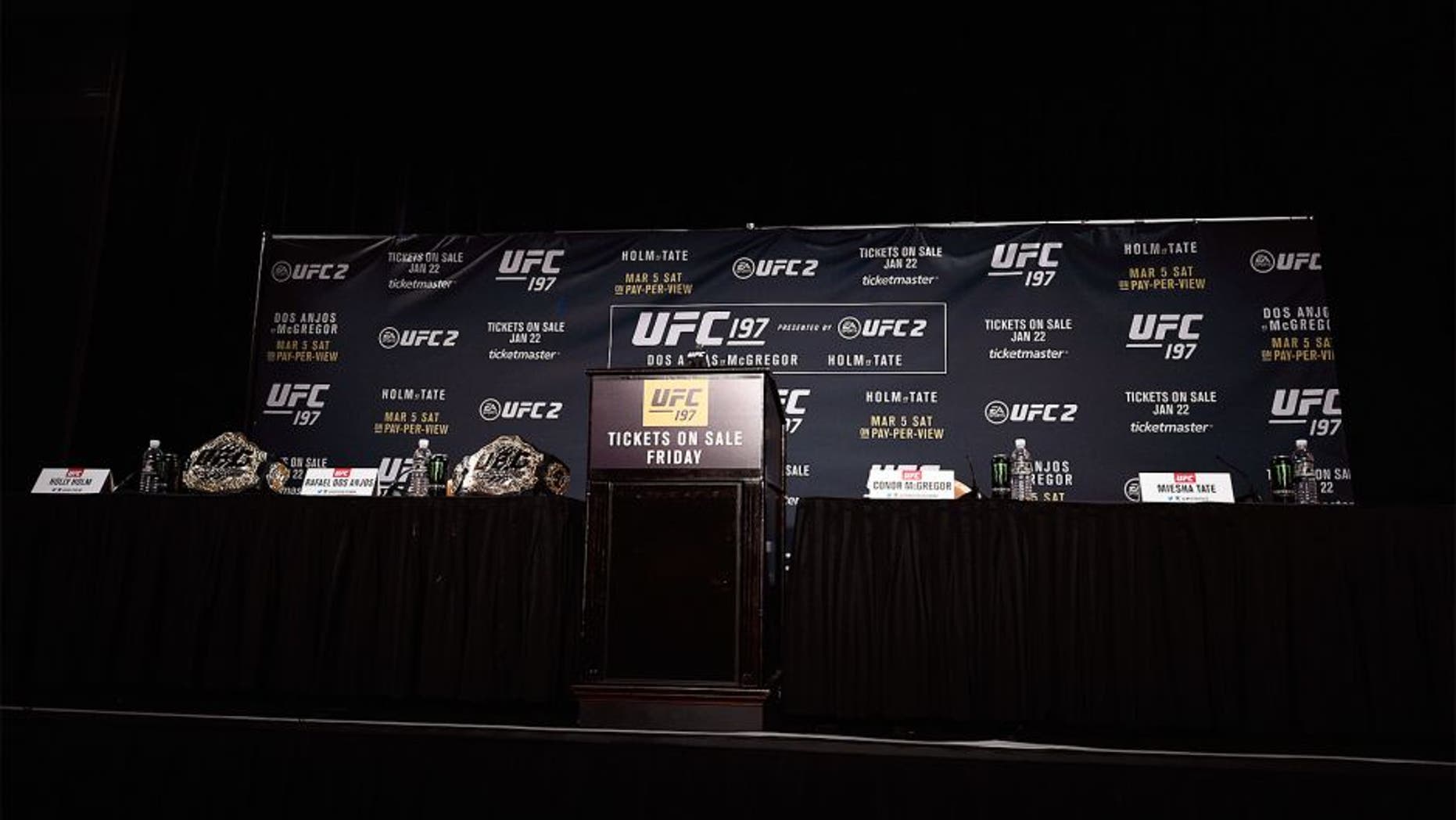 LAS VEGAS, NV - JANUARY 20: A general view of the stage during the UFC 197 on-sale press conference event inside MGM Grand Hotel & Casino on January 20, 2016 in Las Vegas, Nevada. (Photo by Jeff Bottari/Zuffa LLC/Zuffa LLC via Getty Images)