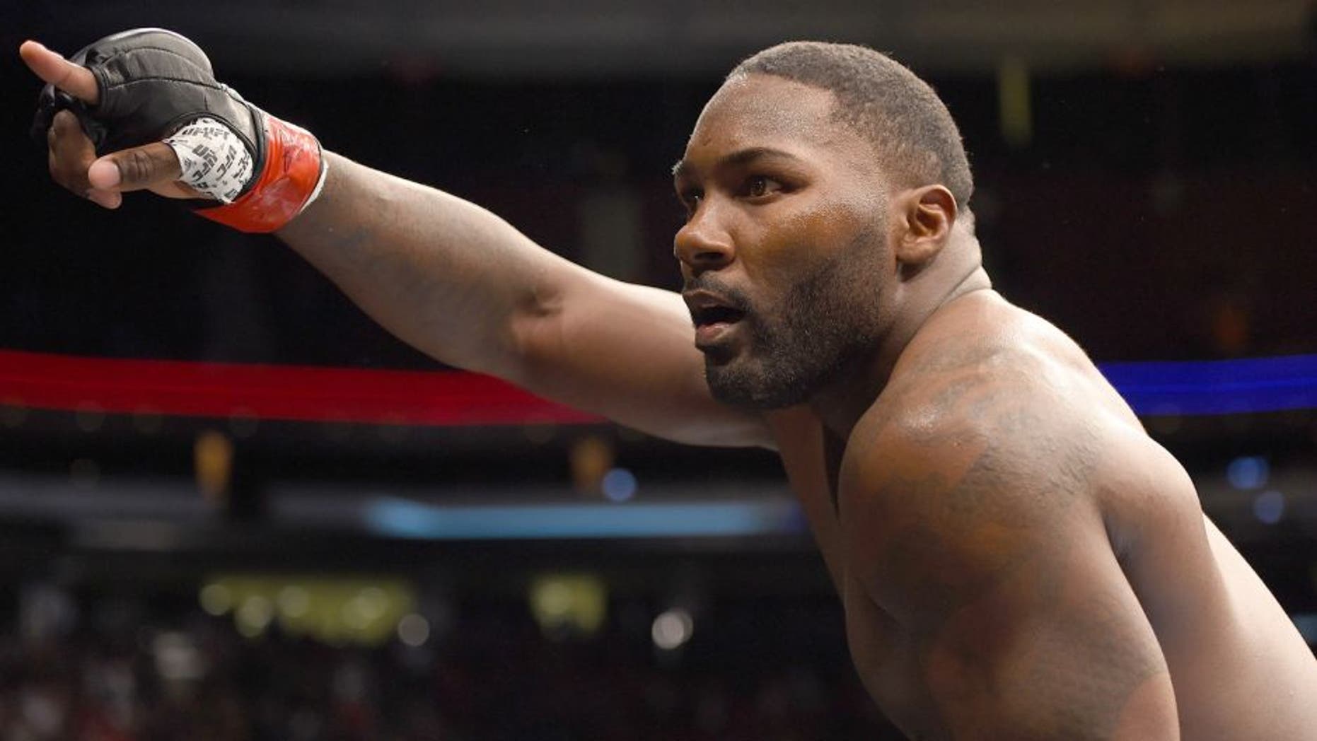 NEWARK, NJ - JANUARY 30: Anthony Johnson celebrates his knockout victory over Ryan Bader in their light heavyweight bout during the UFC Fight Night event at the Prudential Center on January 30, 2016 in Newark, New Jersey. (Photo by Josh Hedges/Zuffa LLC/Zuffa LLC via Getty Images)