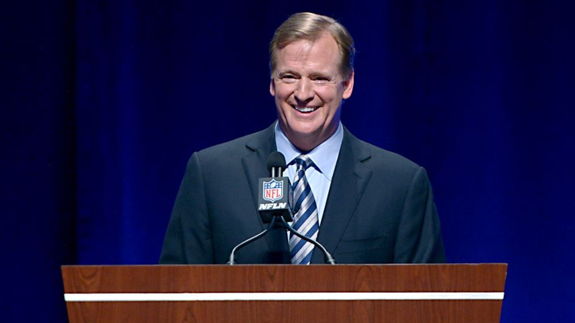 Jan 31, 2014; New York, NY, USA; NFL commissioner Roger Goodell addresses the media at Rose Theater in advance of Super Bowl XLVIII. Mandatory Credit: Kirby Lee-USA TODAY Sports