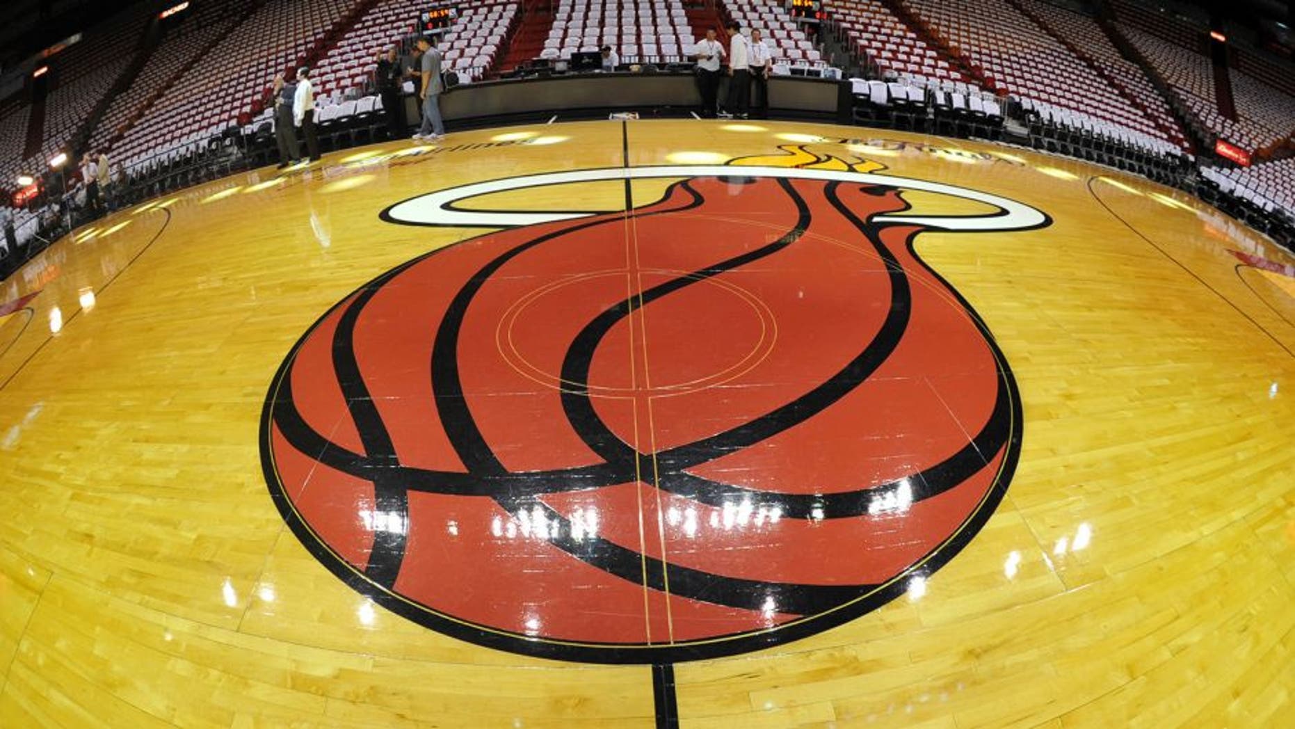 Jun 9, 2013; Miami, FL, USA; General view of the Miami Heat logo on the court during the first quarter of game two of the 2013 NBA Finals against the San Antonio Spurs at the American Airlines Arena. Mandatory Credit: Steve Mitchell-USA TODAY Sports