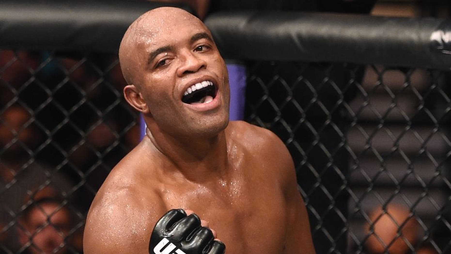 LAS VEGAS, NV - JANUARY 31: Anderson Silva reacts to his victory over Nick Diaz in their middleweight bout during the UFC 183 event at the MGM Grand Garden Arena on January 31, 2015 in Las Vegas, Nevada. (Photo by Josh Hedges/Zuffa LLC/Zuffa LLC via Getty Images)