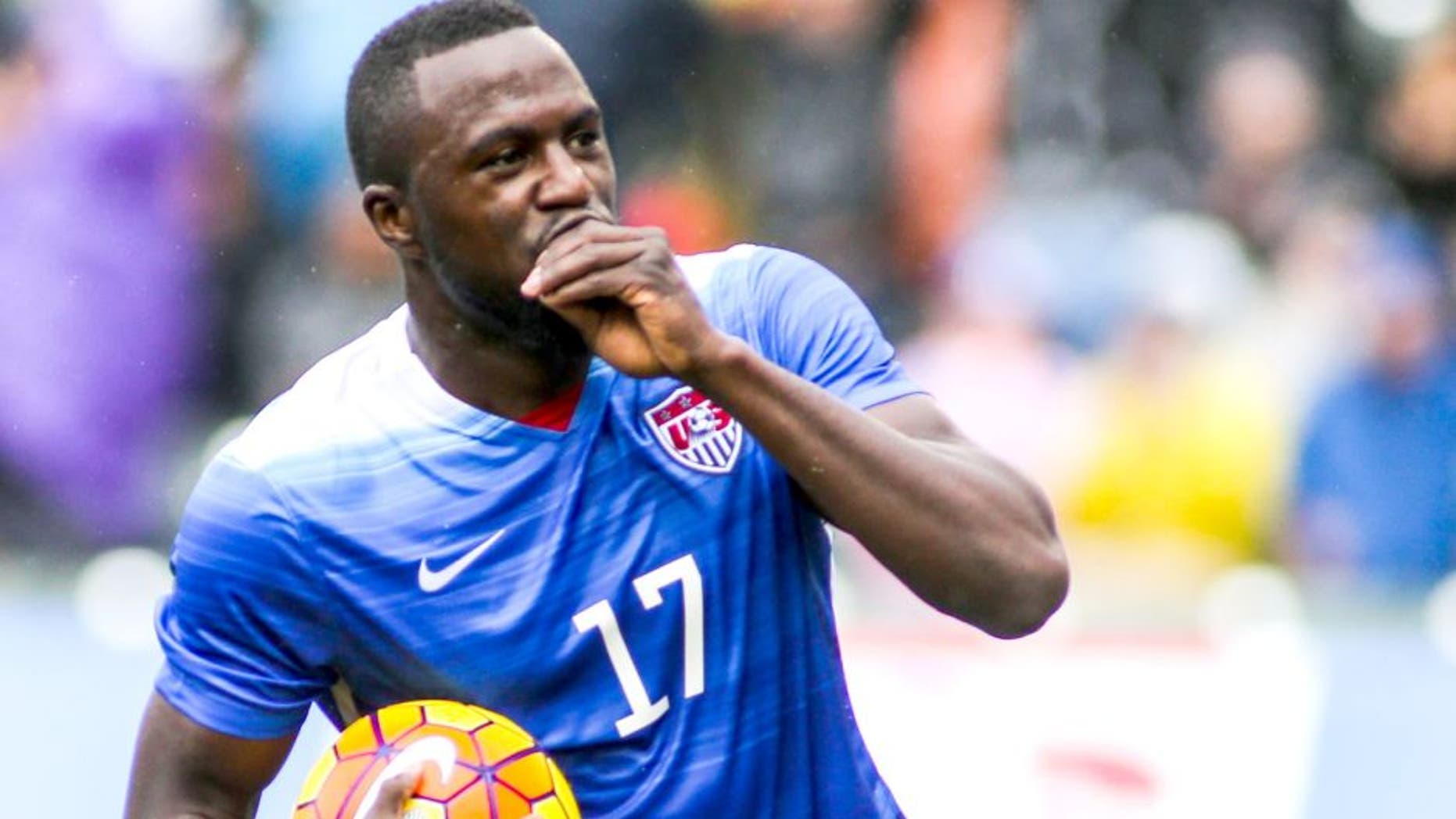 United States forward Jozy Altidore celebrates his goal against Iceland in the first half of a men's international friendly soccer game in Carson, Calif., Sunday, Jan., 31, 2016. (AP Photo/Ringo H.W. Chiu)