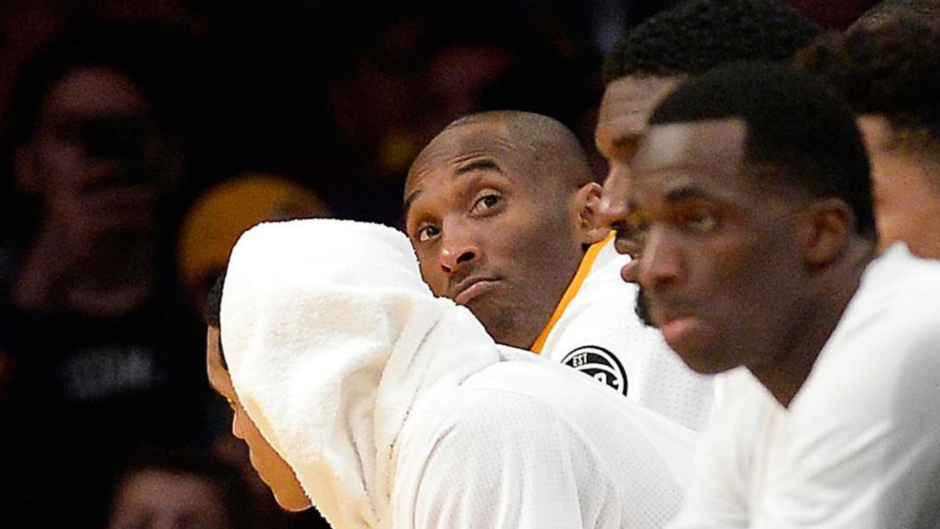Jan 31, 2016; Los Angeles, CA, USA; Los Angeles Lakers forward Kobe Bryant (24) sits on the bench during the fourth quarter against the Charlotte Hornets at Staples Center. Mandatory Credit: Richard Mackson-USA TODAY Sports