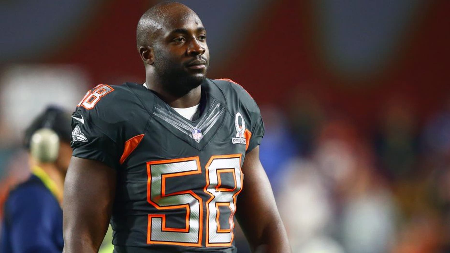 Jan 25, 2015; Phoenix, AZ, USA; Baltimore Ravens linebacker Elvis Dumervil (58) during the 2015 Pro Bowl at University of Phoenix Stadium. Mandatory Credit: Mark J. Rebilas-USA TODAY Sports