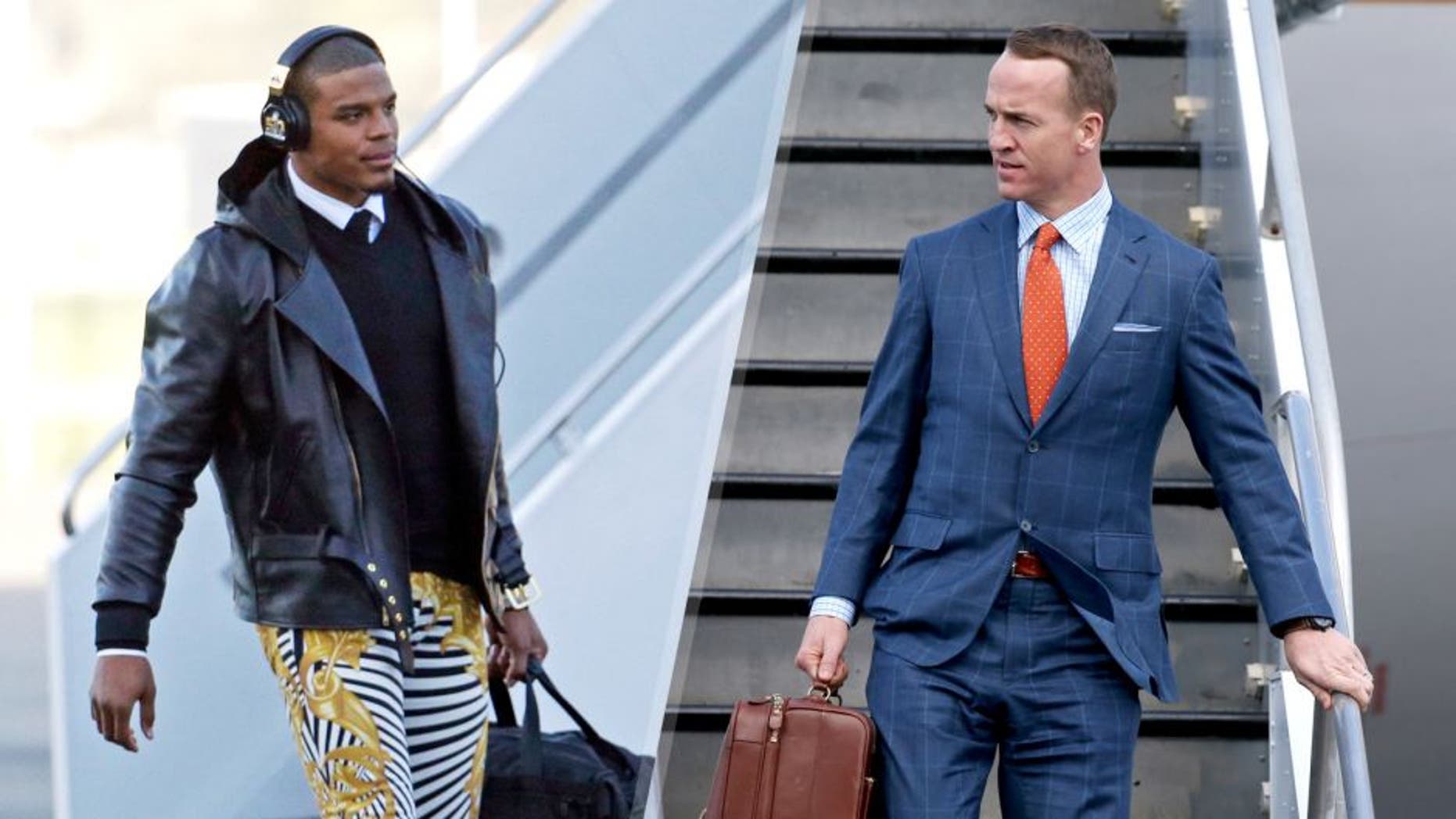Carolina Panthers' Cam Newton gets off the plane at the Mineta San Jose International Airport as they arrive for the NFL Super Bowl football game Sunday, Jan. 31, 2016, in San Jose, Calif. The Panthers play the Denver Broncos on Sunday, Feb. 7, 2015, in Super Bowl 50. (AP Photo/Charlie Riedel), Jan 31, 2016; San Jose, CA, USA; Denver Broncos quarterback Peyton Manning exits a plane during team arrivals at the Mineta San Jose International Airport in preparation of Super Bowl 50 against the Carolina Panthers. Mandatory Credit: Cary Edmondson-USA TODAY Sports