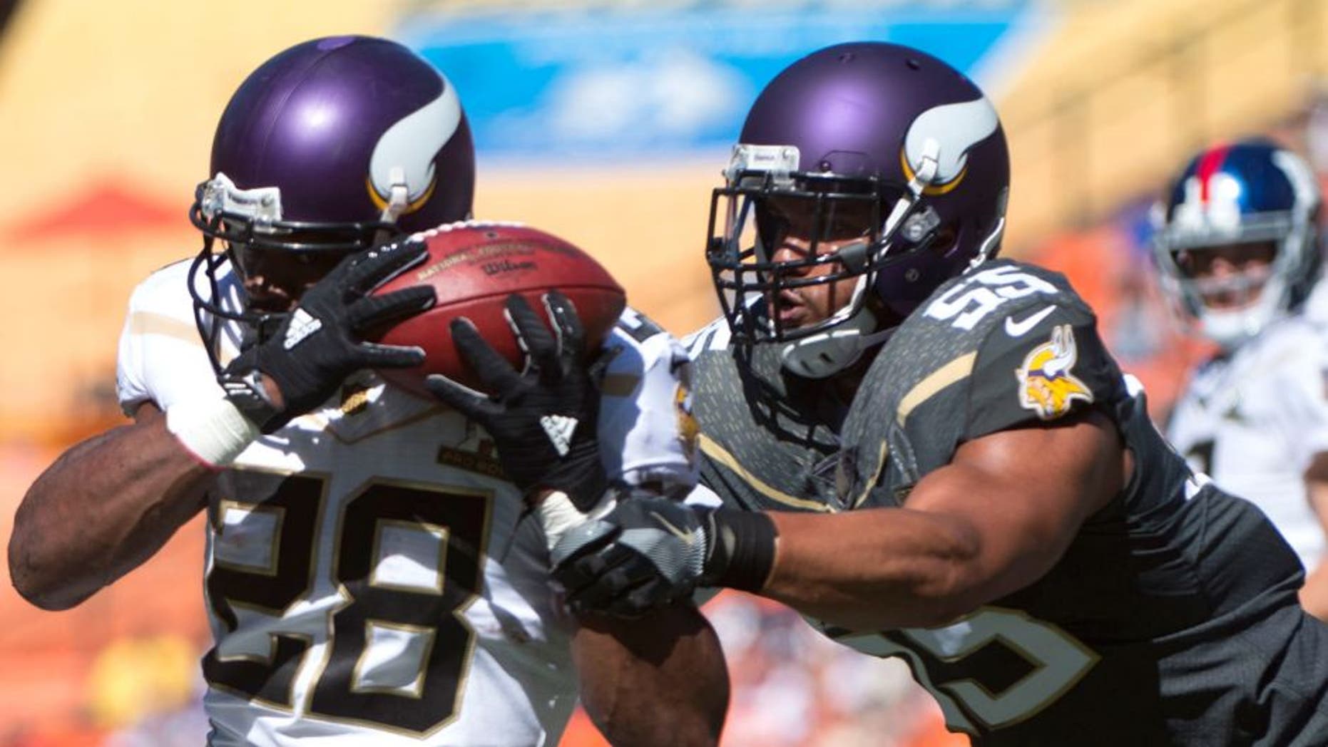 January 31, 2016; Honolulu, HI, USA; Team Rice running back Adrian Peterson of the Minnesota Vikings (28) is tackled by Team Irvin linebacker Anthony Barr of the Minnesota Vikings (55) during the first quarter of the 2016 Pro Bowl game at Aloha Stadium. Mandatory Credit: Kyle Terada-USA TODAY Sports