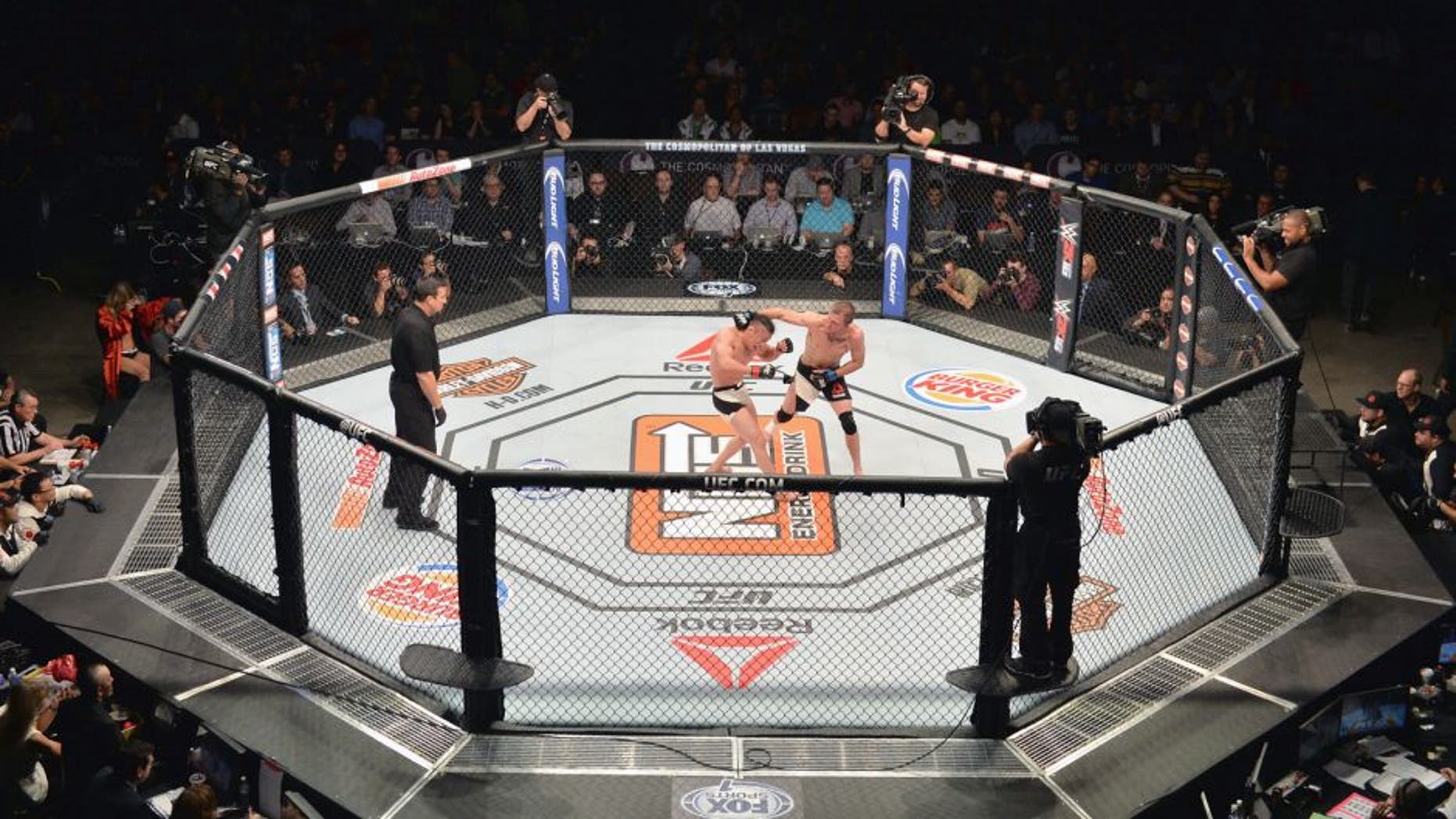 LAS VEGAS, NV - DECEMBER 11: An overhead view of the Octagon as Jason Knight punches Tatsuya Kawajiri in their featherweight bout during the TUF Finale event inside The Chelsea at The Cosmopolitan of Las Vegas on December 11, 2015 in Las Vegas, Nevada. (Photo by Brandon Magnus/Zuffa LLC/Zuffa LLC via Getty Images)