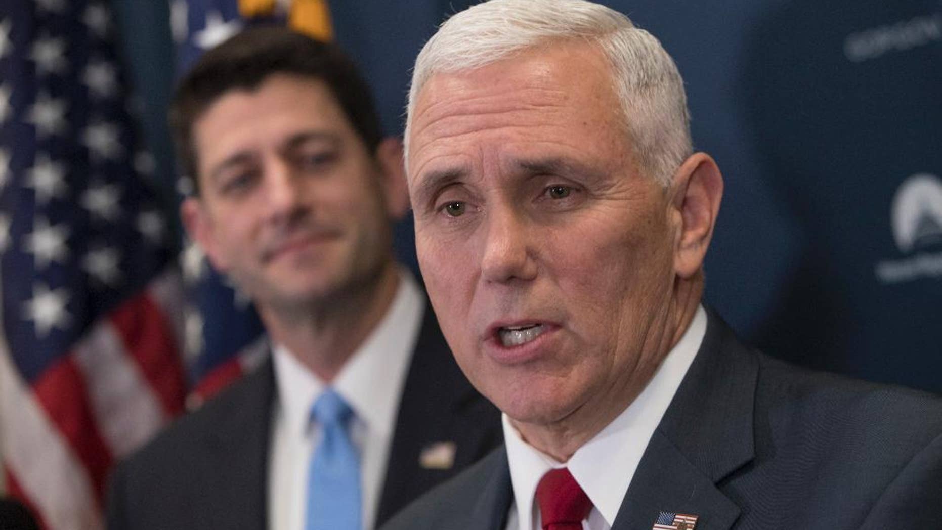 In this Jan. 4, 2017 photo, Vice President-elect Mike Pence, joined by House Speaker Paul Ryan of Wis., speaks during a news conference on Capitol Hill in Washington. Mike Pence, who spent a dozen years in Congress before becoming Indiana’s governor, is making frequent visits to Capitol Hill and promising close coordination with lawmakers as Donald Trump prepares to enter the White House. (AP Photo/J. Scott Applewhite)